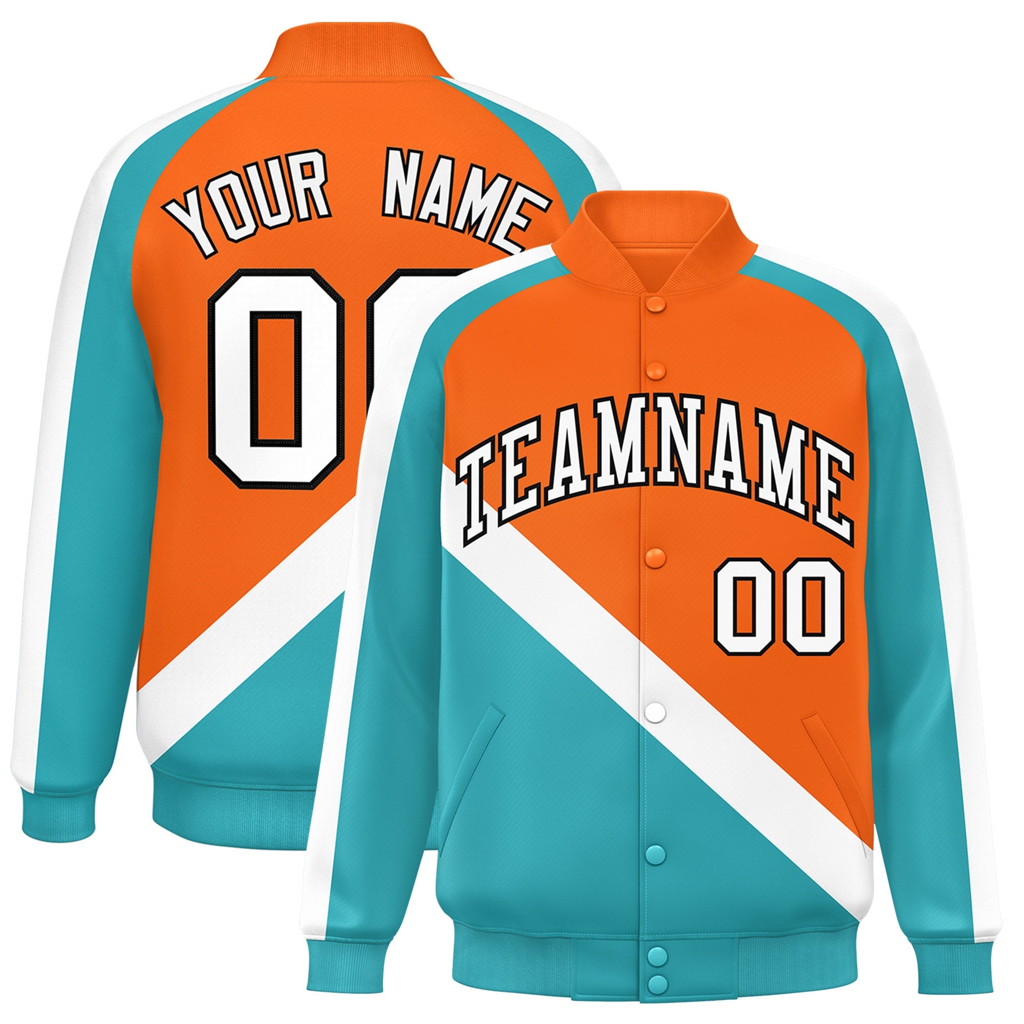 Custom Orange Aqua Raglan Sleeves Varsity Full-Snap Letterman Baseball Jacket