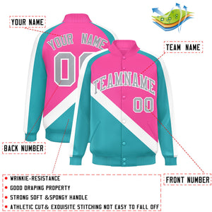 Custom Pink Aqua Raglan Sleeves Varsity Full-Snap Letterman Baseball Jacket