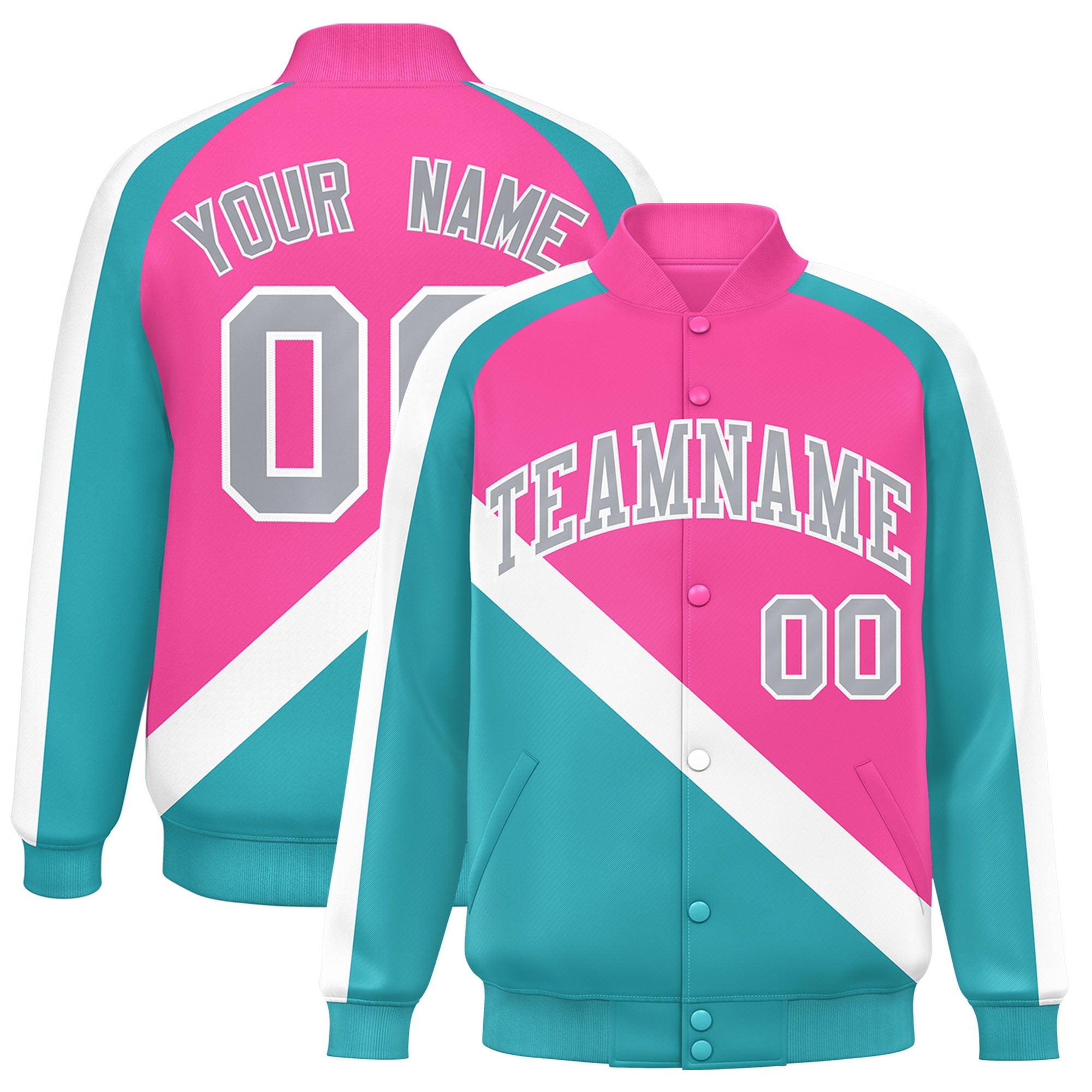 Custom Pink Aqua Raglan Sleeves Varsity Full-Snap Letterman Baseball Jacket