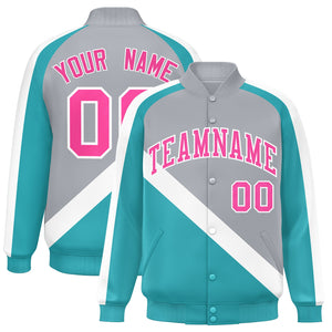 Custom Gray Aqua Raglan Sleeves Varsity Full-Snap Letterman Baseball Jacket