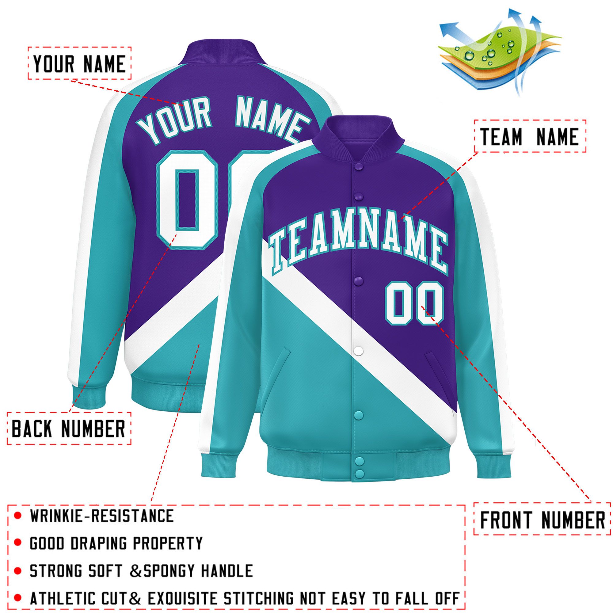 Custom Purple Aqua Raglan Sleeves Varsity Full-Snap Letterman Baseball Jacket