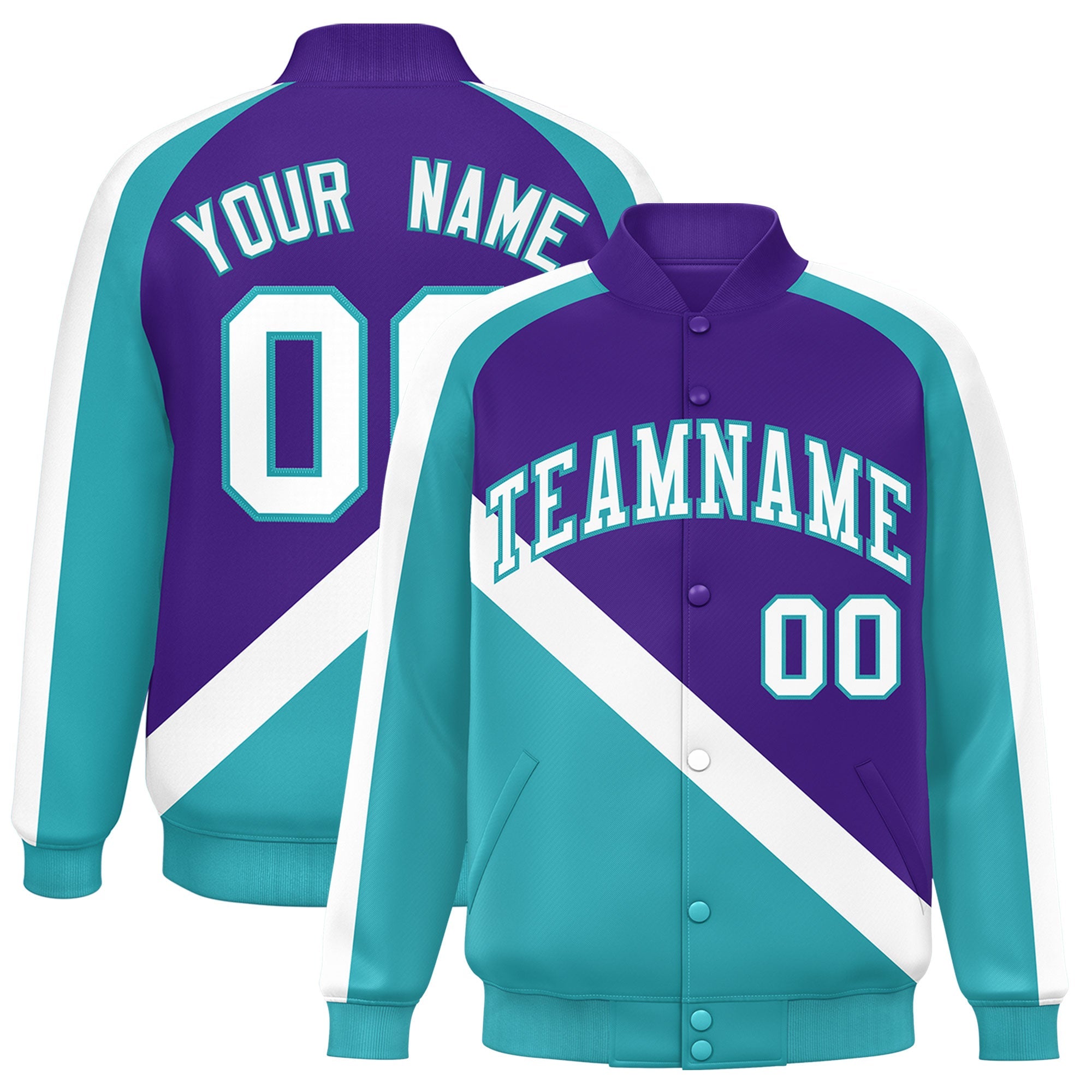 Custom Purple Aqua Raglan Sleeves Varsity Full-Snap Letterman Baseball Jacket