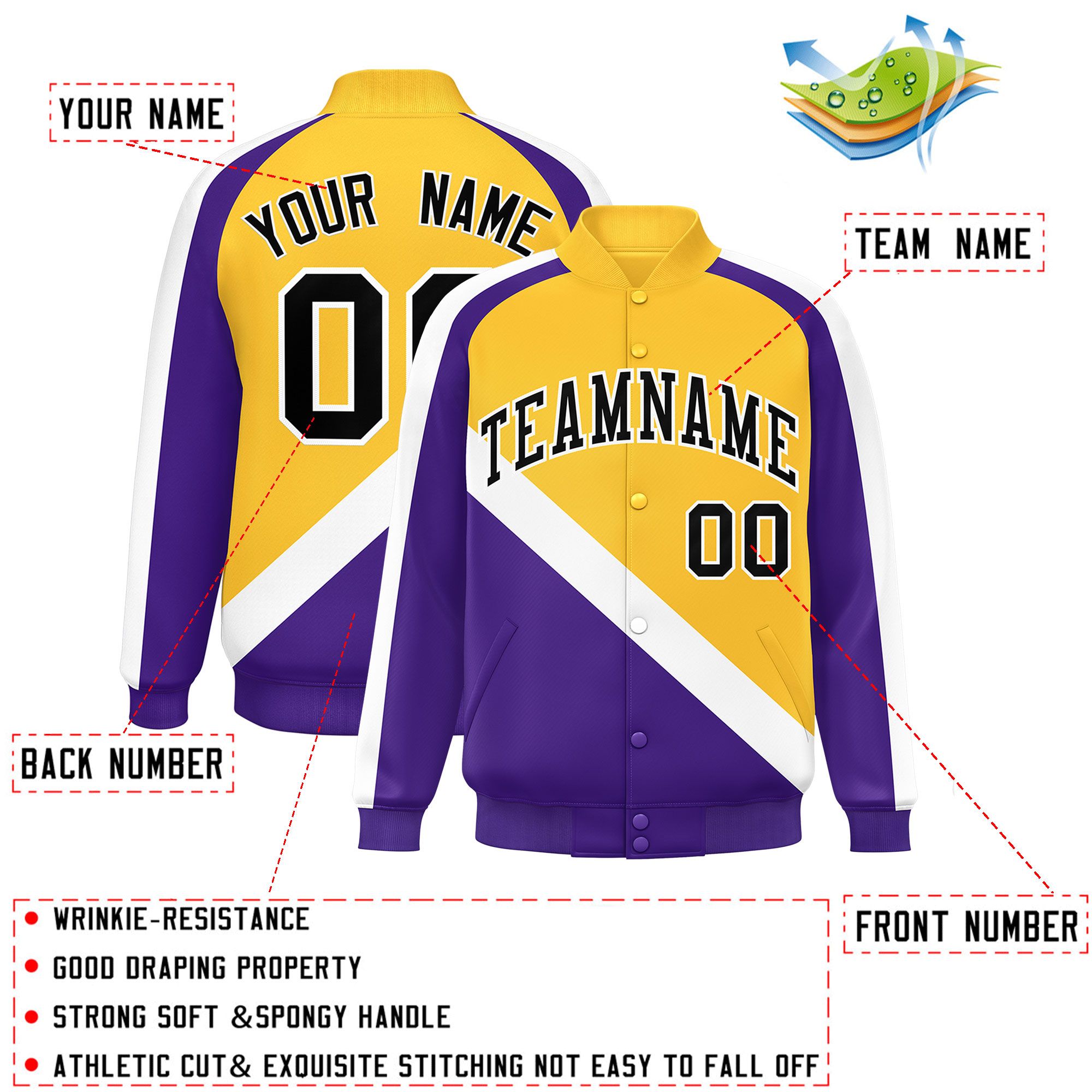 Custom Gold Purple Raglan Sleeves Varsity Full-Snap Letterman Baseball Jacket