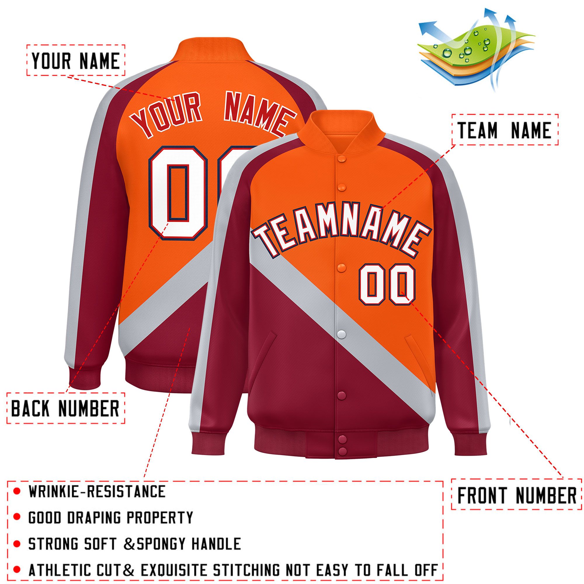 Custom Orange Crimson Raglan Sleeves Varsity Full-Snap Letterman Baseball Jacket