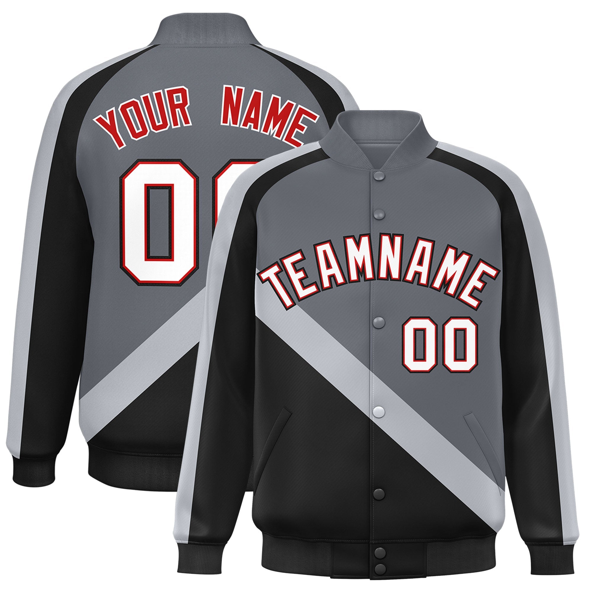 Custom Dark Gray Black Raglan Sleeves Varsity Full-Snap Letterman Baseball Jacket