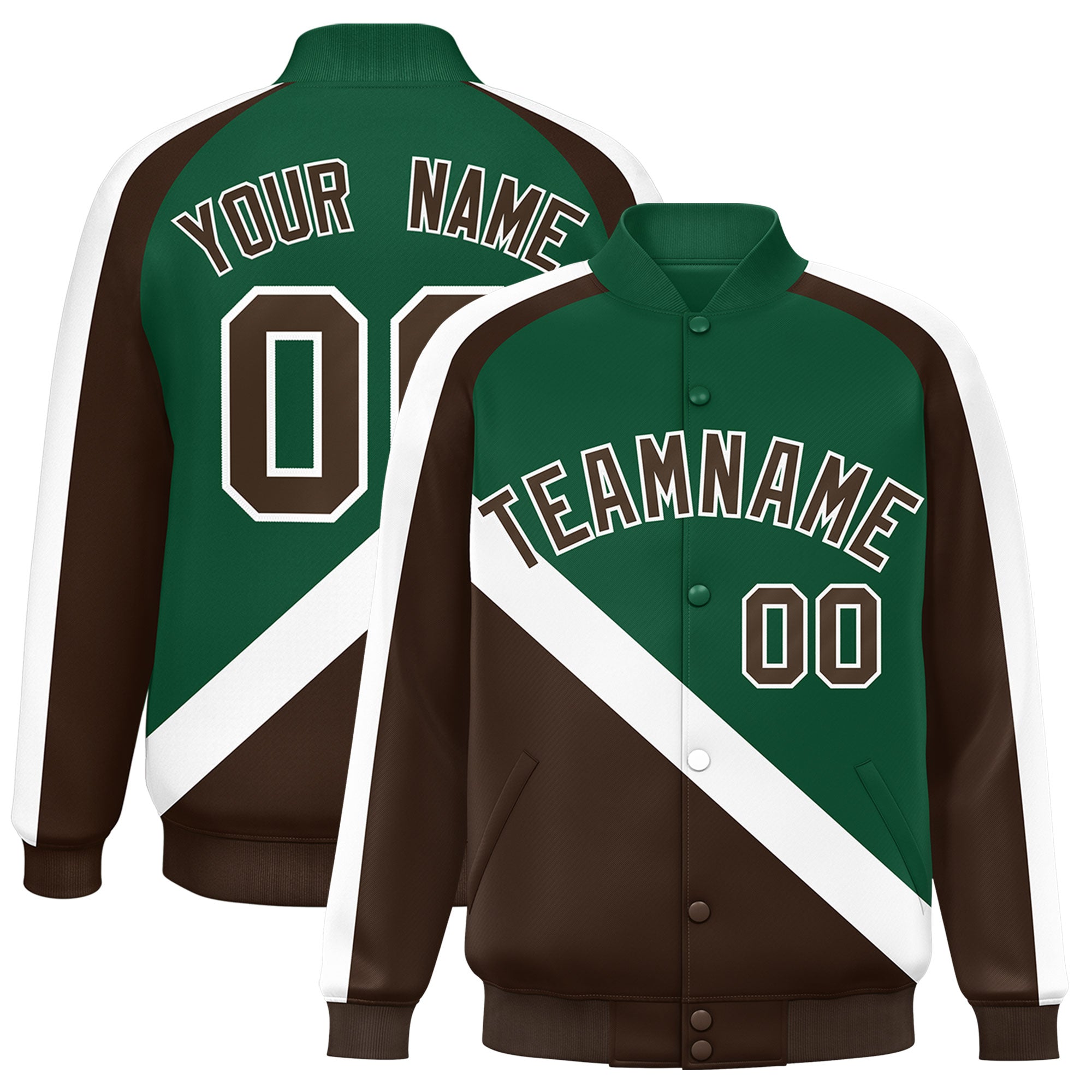 Custom Green Brown Raglan Sleeves Varsity Full-Snap Letterman Baseball Jacket