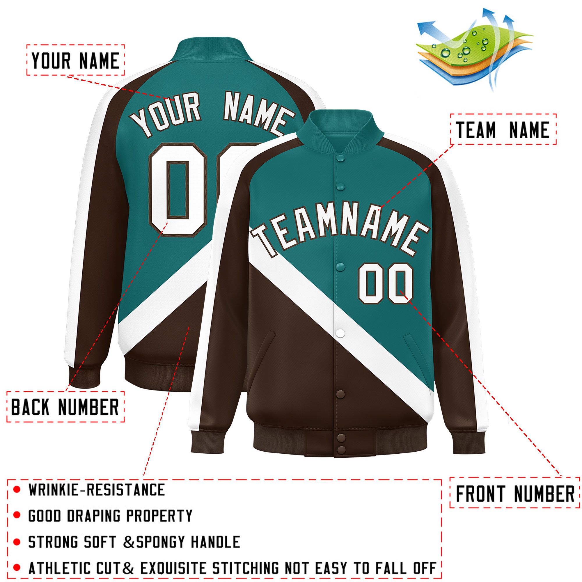 Custom Aqua Brown Raglan Sleeves Varsity Full-Snap Letterman Baseball Jacket