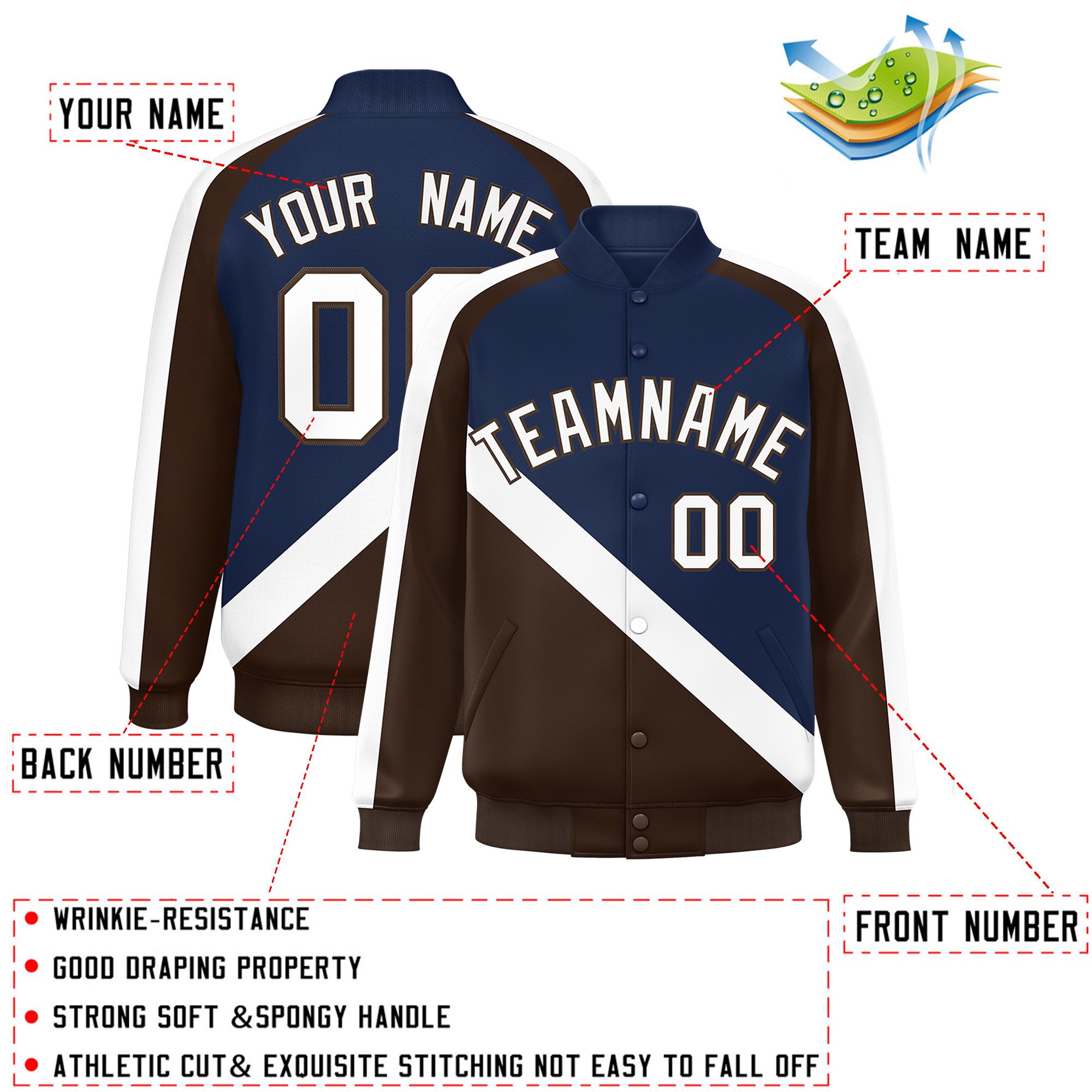 Custom Navy Brown Raglan Sleeves Varsity Full-Snap Letterman Baseball Jacket