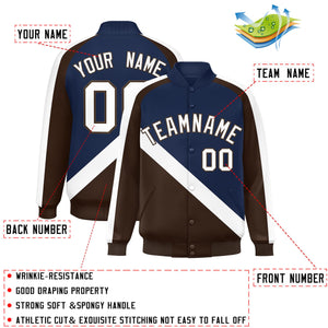 Custom Navy Brown Raglan Sleeves Varsity Full-Snap Letterman Baseball Jacket