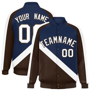 Custom Navy Brown Raglan Sleeves Varsity Full-Snap Letterman Baseball Jacket