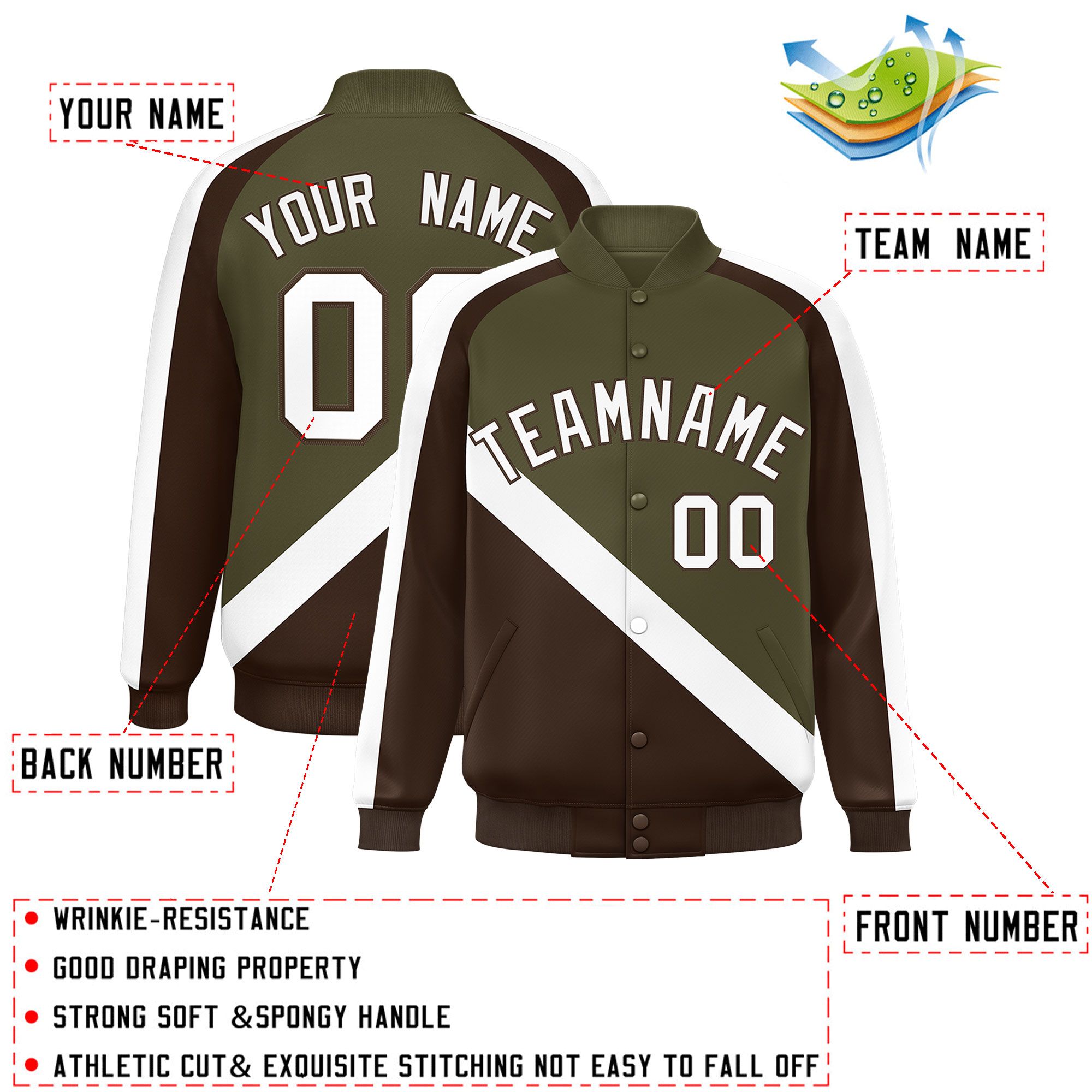 Custom Olive Brown Raglan Sleeves Varsity Full-Snap Letterman Baseball Jacket