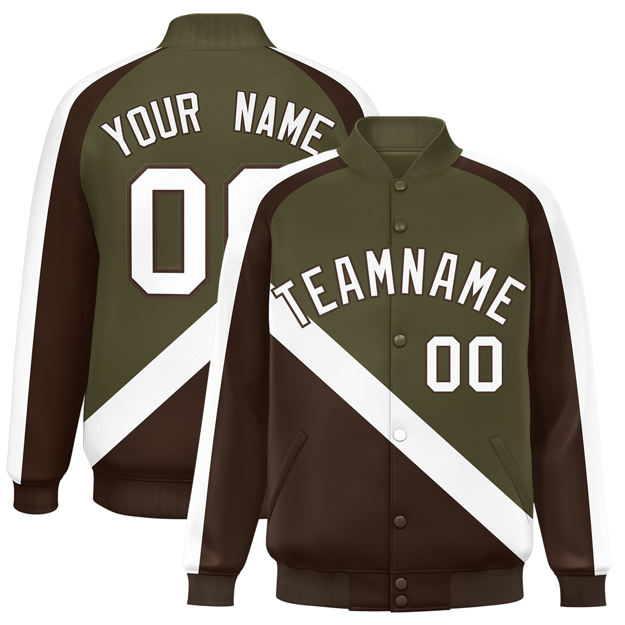 Custom Olive Brown Raglan Sleeves Varsity Full-Snap Letterman Baseball Jacket