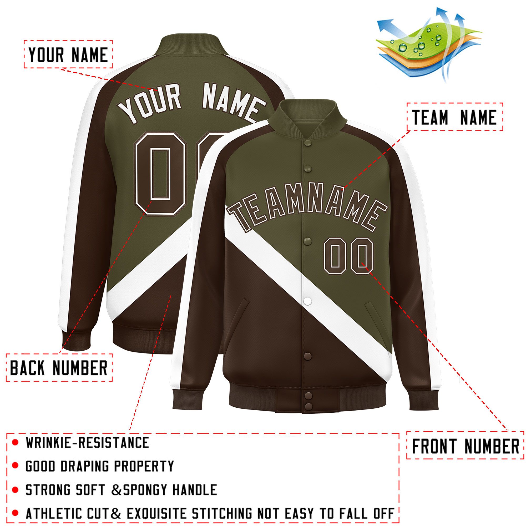 Custom Olive Brown Raglan Sleeves Varsity Full-Snap Letterman Baseball Jacket