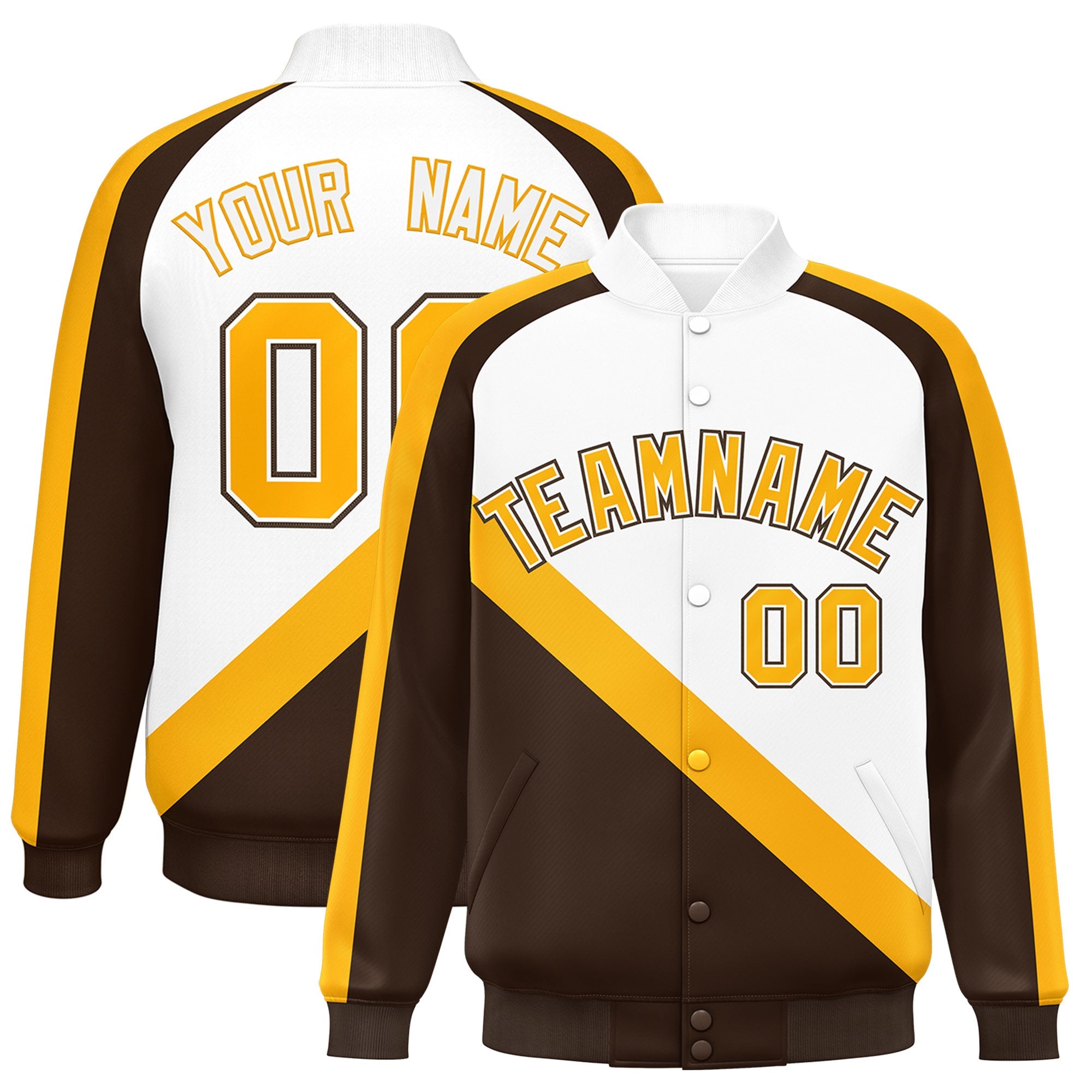 Custom White Brown Raglan Sleeves Varsity Full-Snap Letterman Baseball Jacket