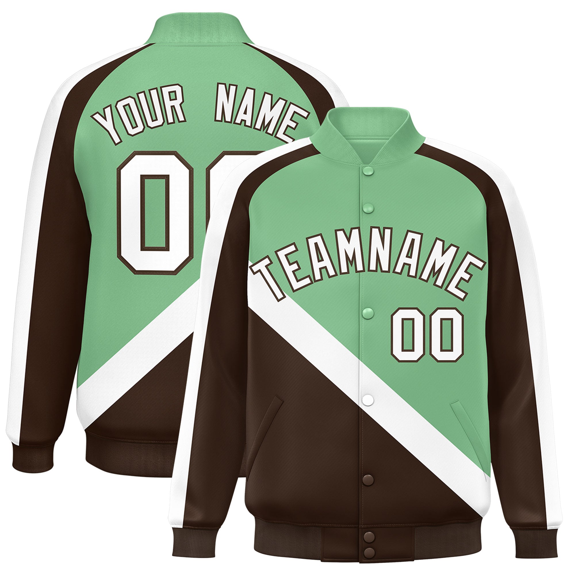 Custom Green Brown Raglan Sleeves Varsity Full-Snap Letterman Baseball Jacket