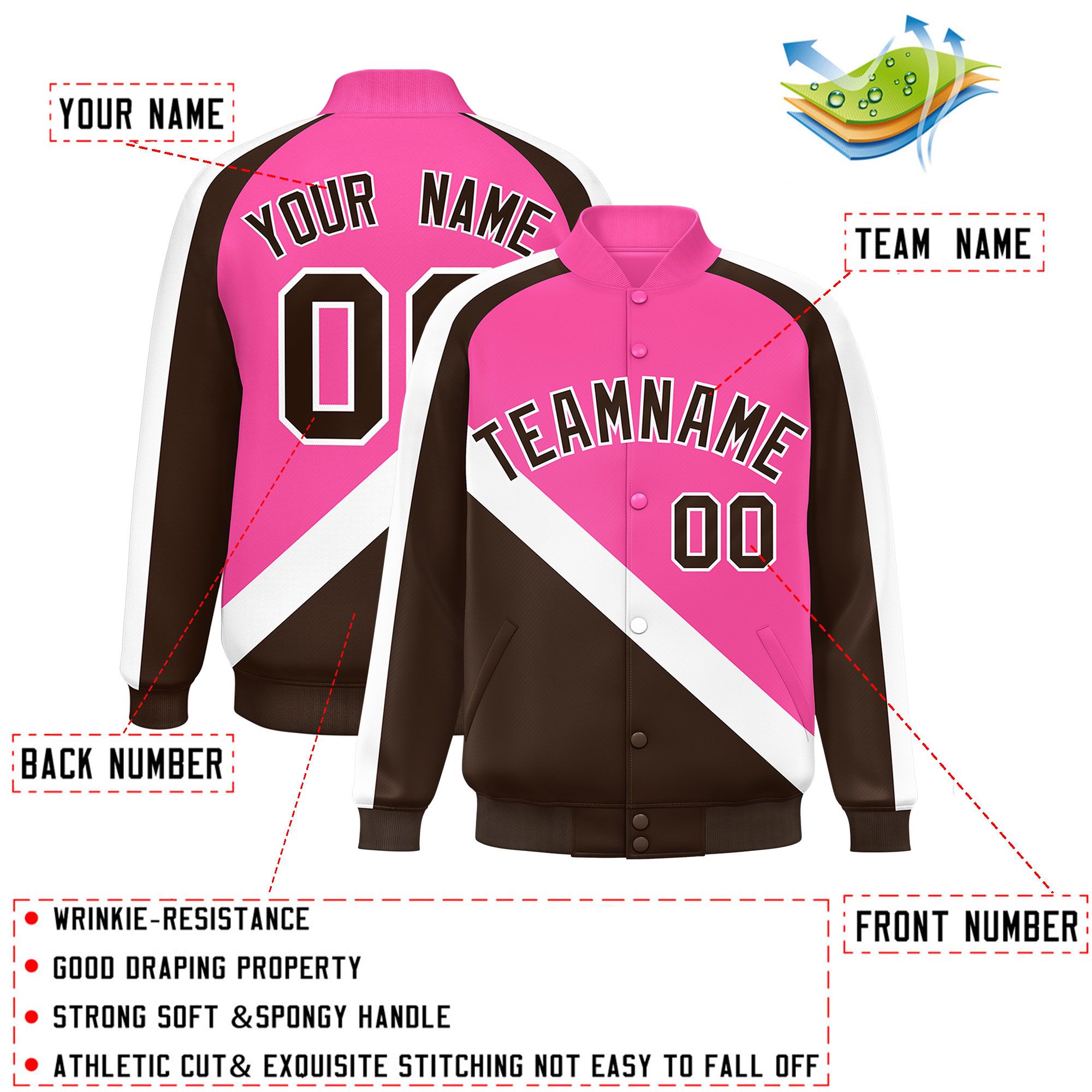 Custom Pink Brown Raglan Sleeves Varsity Full-Snap Letterman Baseball Jacket