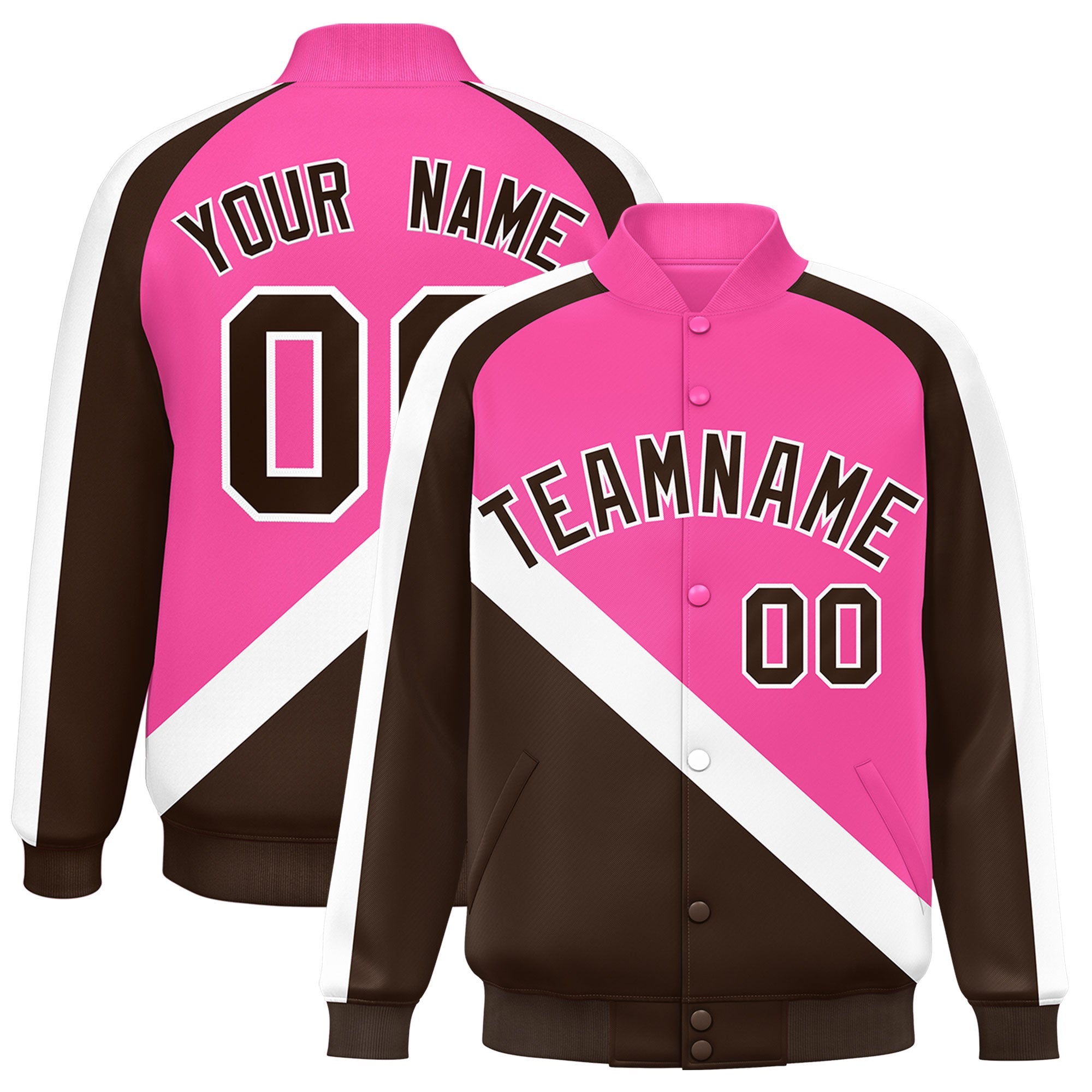 Custom Pink Brown Raglan Sleeves Varsity Full-Snap Letterman Baseball Jacket