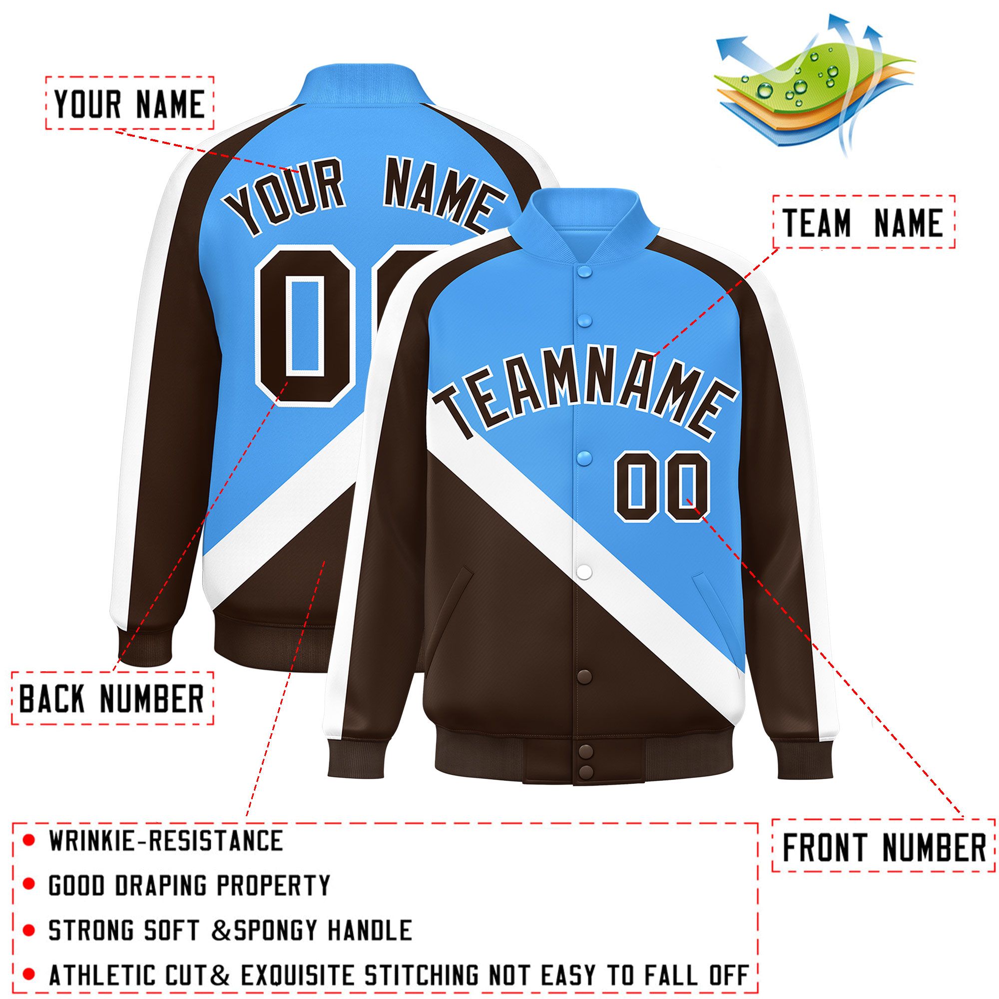 Custom Powder Blue Brown Raglan Sleeves Varsity Full-Snap Letterman Baseball Jacket