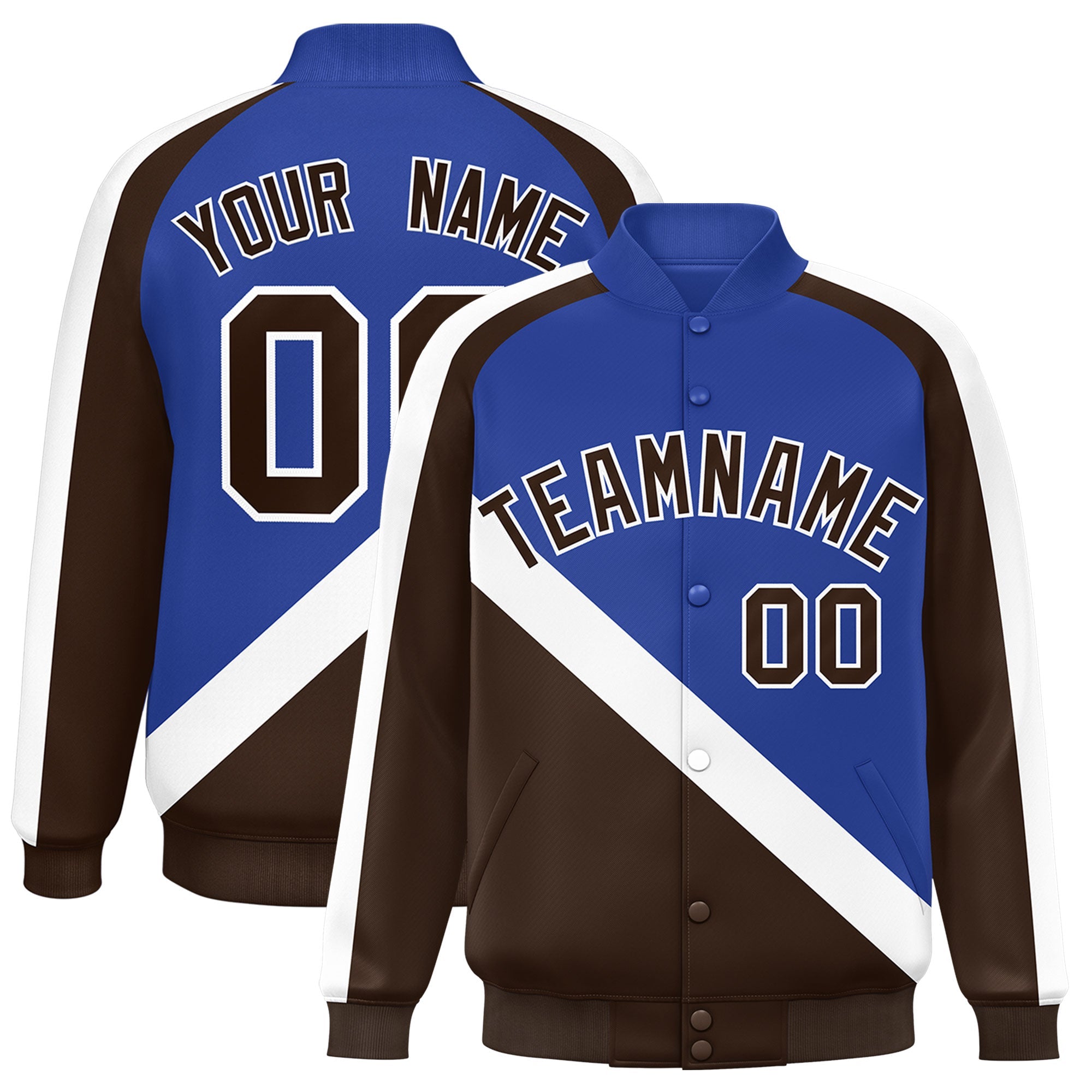 Custom Royal Brown Raglan Sleeves Varsity Full-Snap Letterman Baseball Jacket