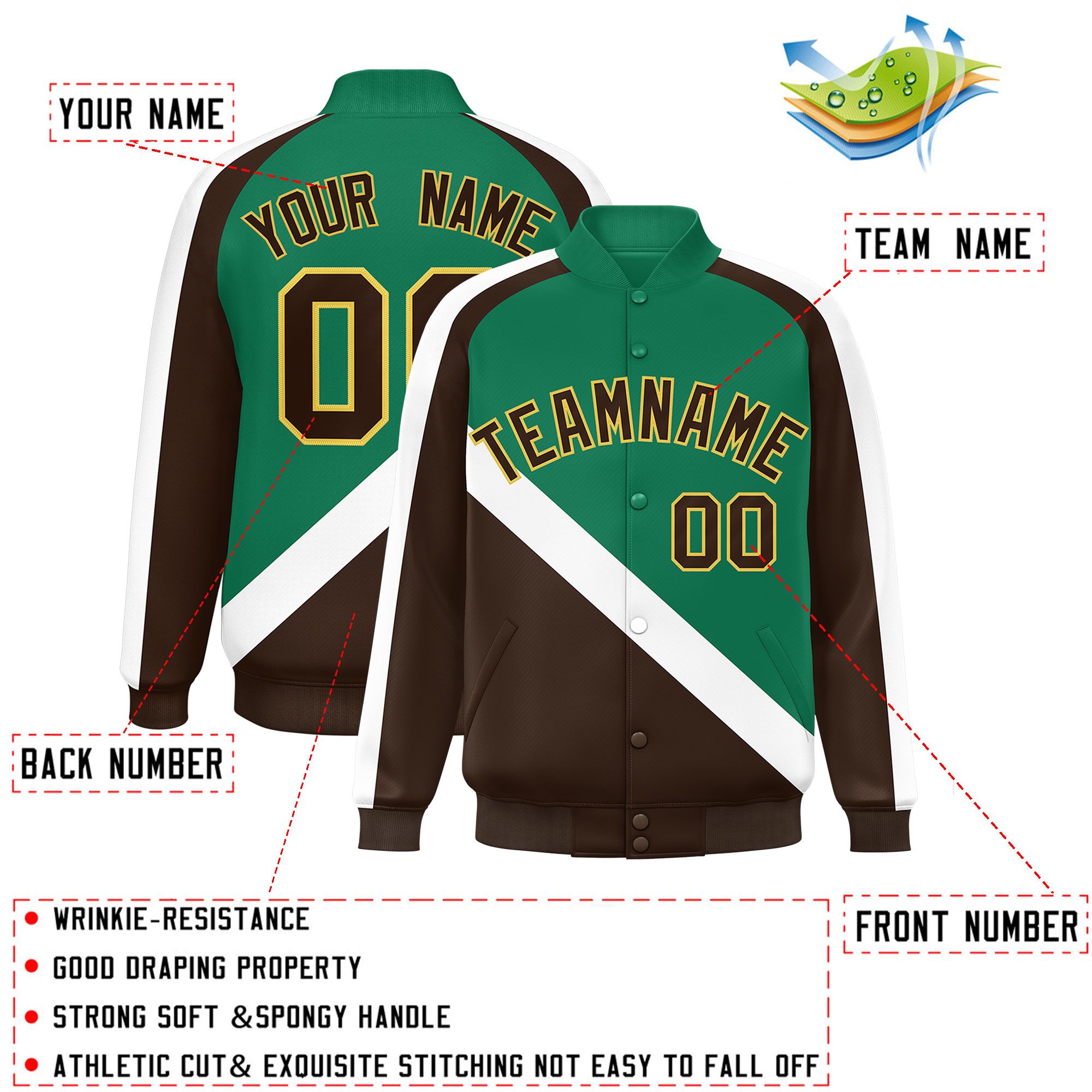 Custom Kelly Green Brown Raglan Sleeves Varsity Full-Snap Letterman Baseball Jacket