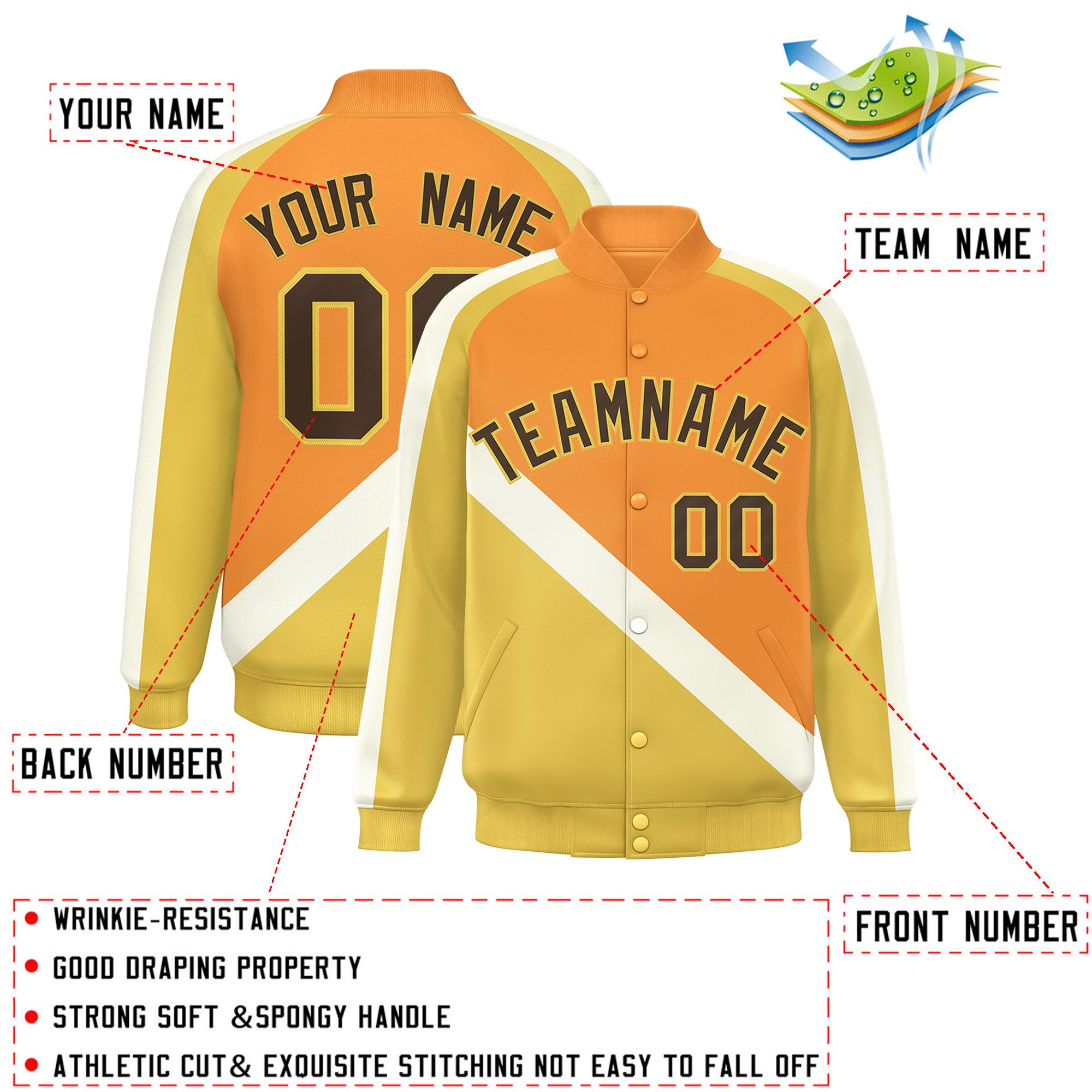 Custom Orange Khaki Raglan Sleeves Varsity Full-Snap Letterman Baseball Jacket