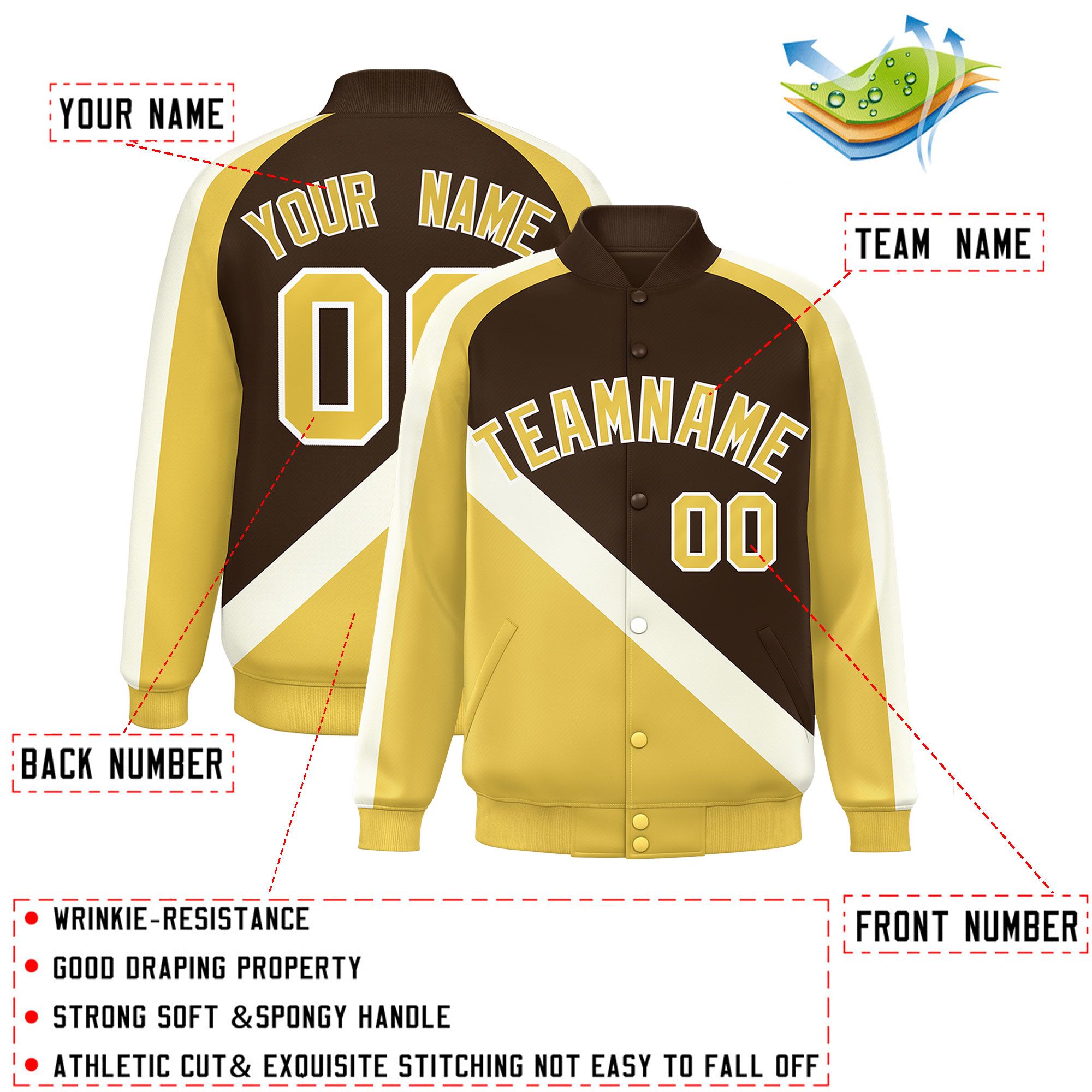 Custom Brown Khaki Raglan Sleeves Varsity Full-Snap Letterman Baseball Jacket