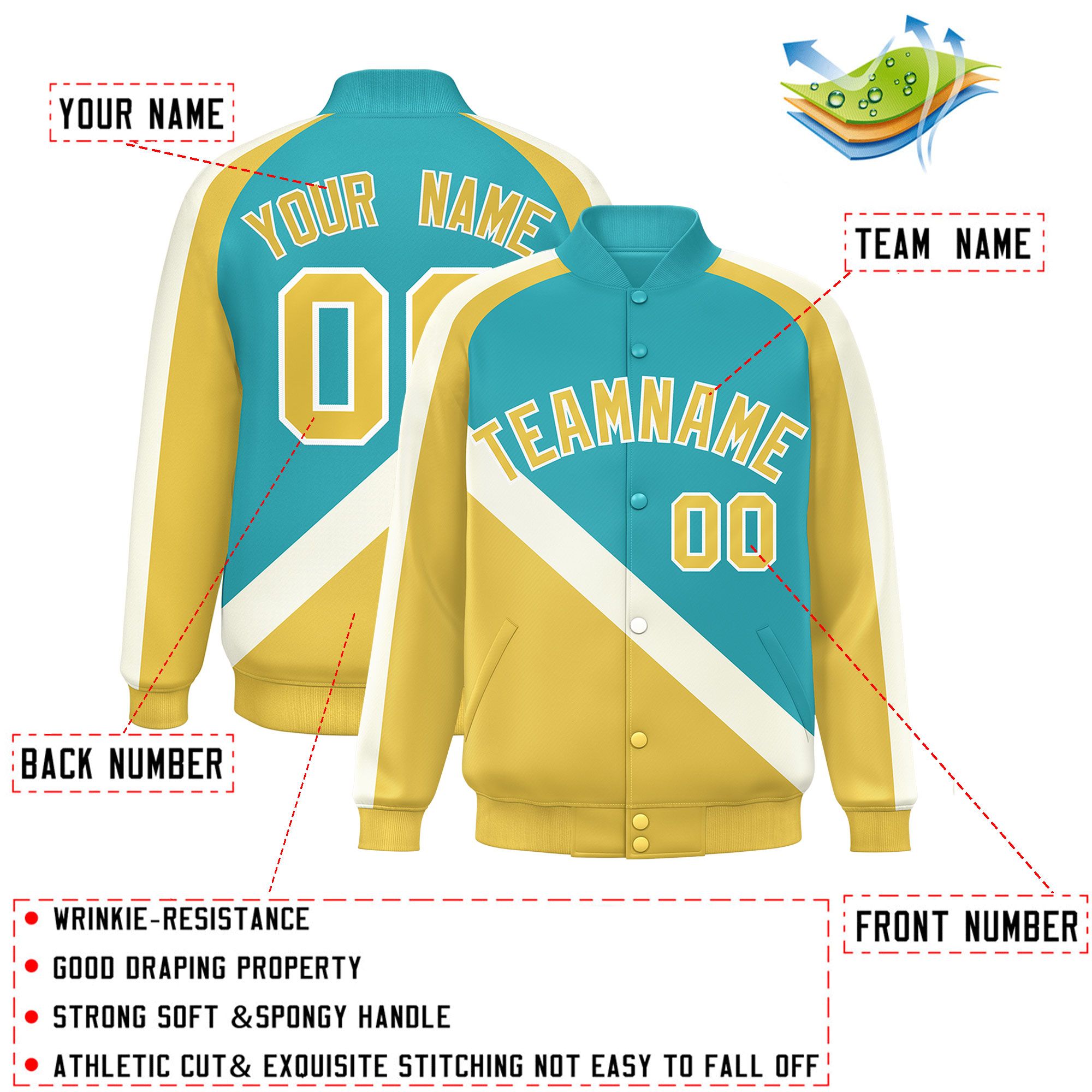 Custom Aqua Khaki Raglan Sleeves Varsity Full-Snap Letterman Baseball Jacket