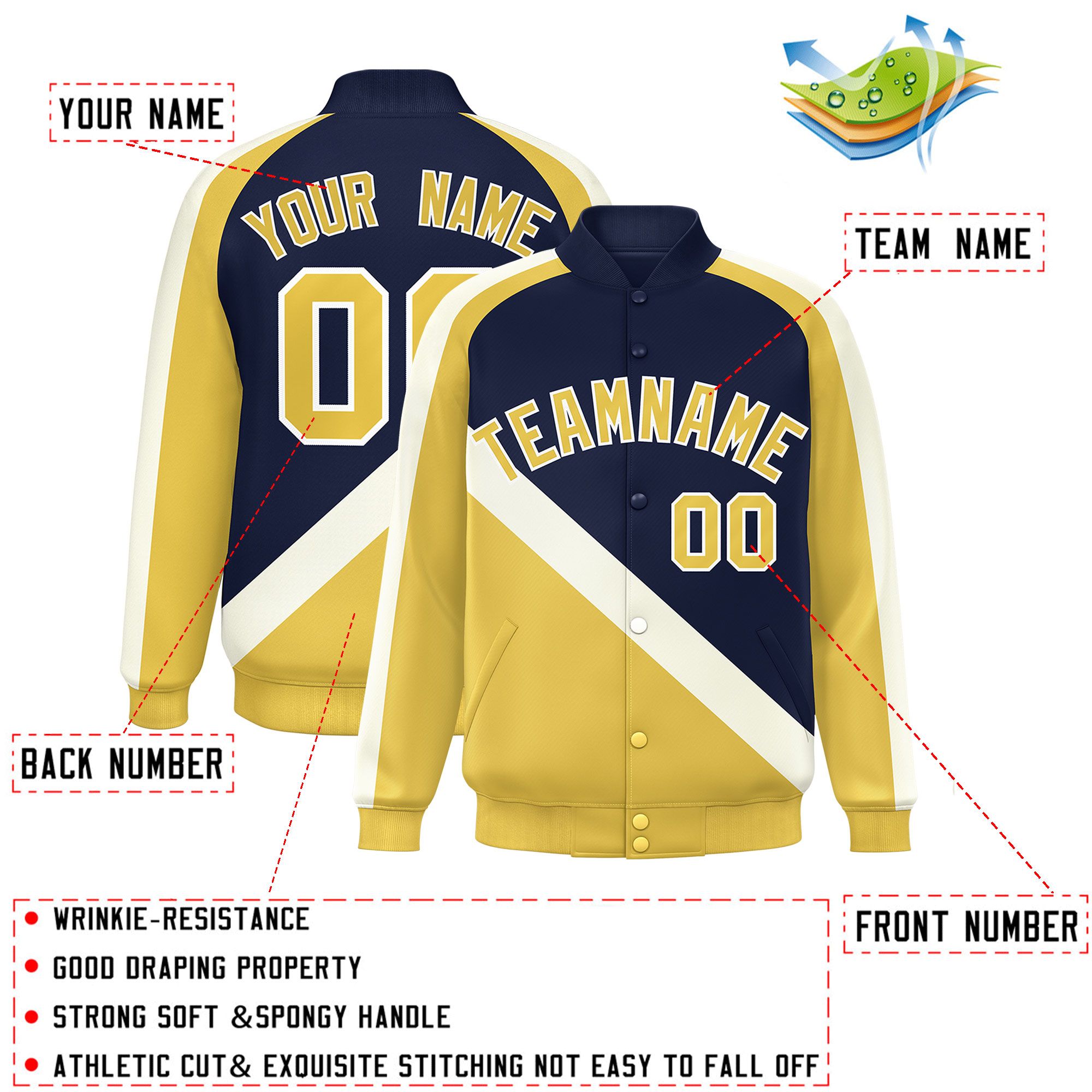 Custom Navy Khaki Raglan Sleeves Varsity Full-Snap Letterman Baseball Jacket