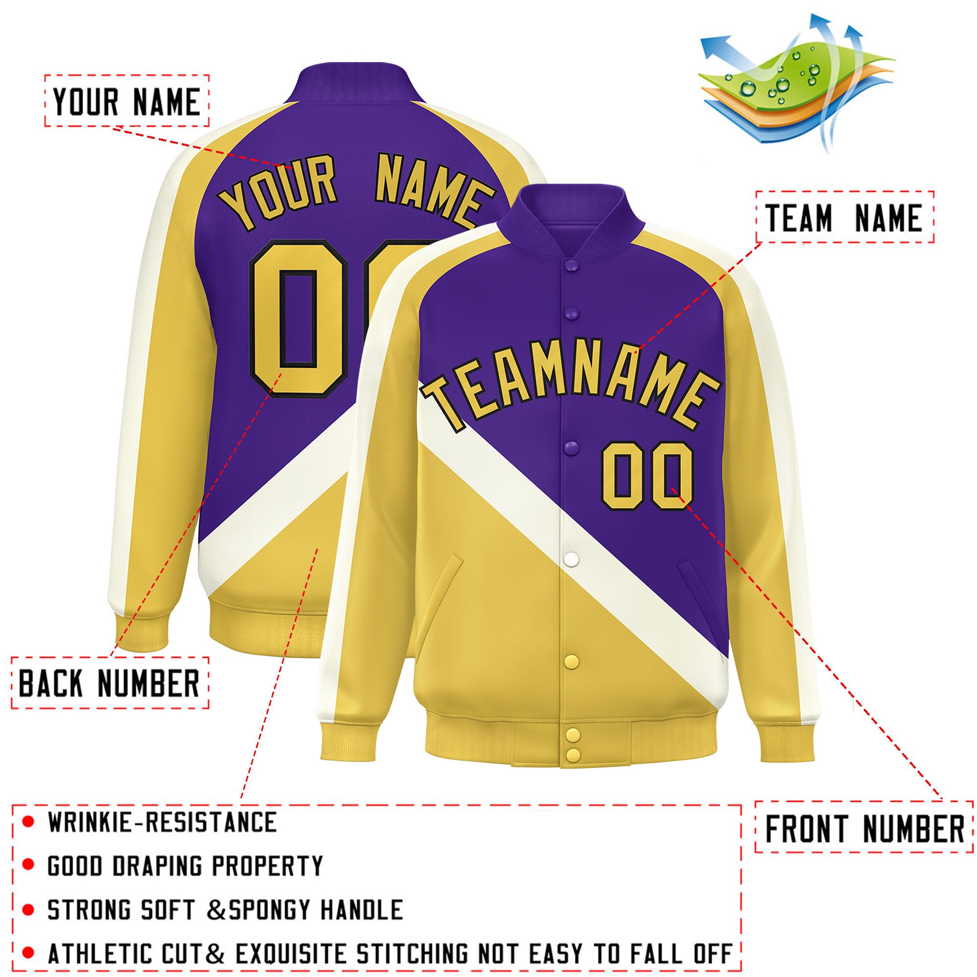 Custom Purple Khaki Raglan Sleeves Varsity Full-Snap Letterman Baseball Jacket