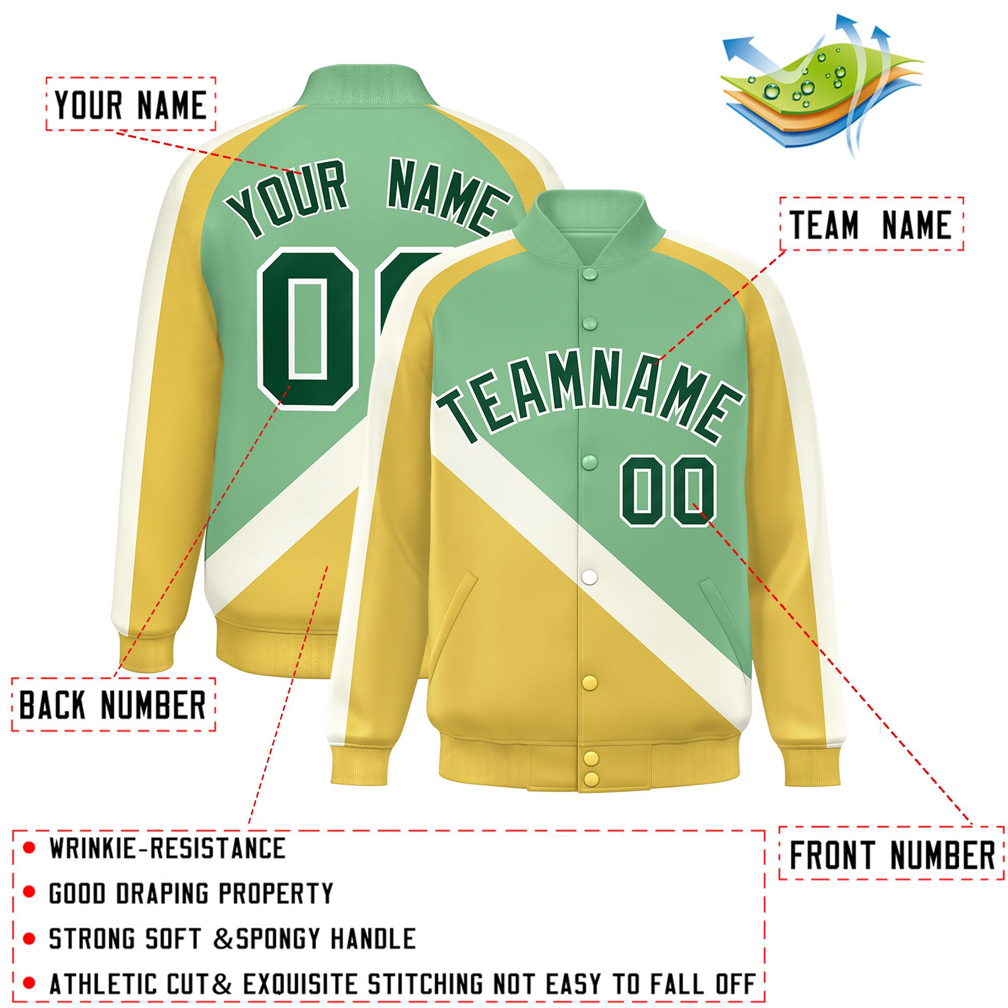 Custom Green Khaki Raglan Sleeves Varsity Full-Snap Letterman Baseball Jacket