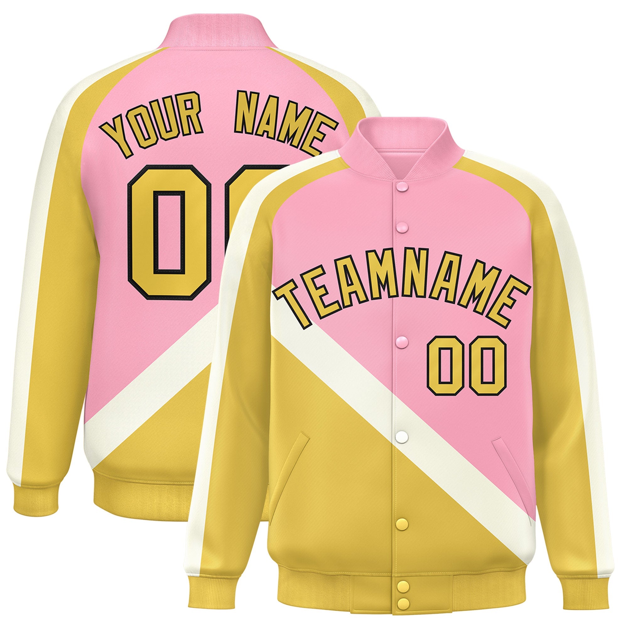 Custom Light Pink Khaki Raglan Sleeves Varsity Full-Snap Letterman Baseball Jacket