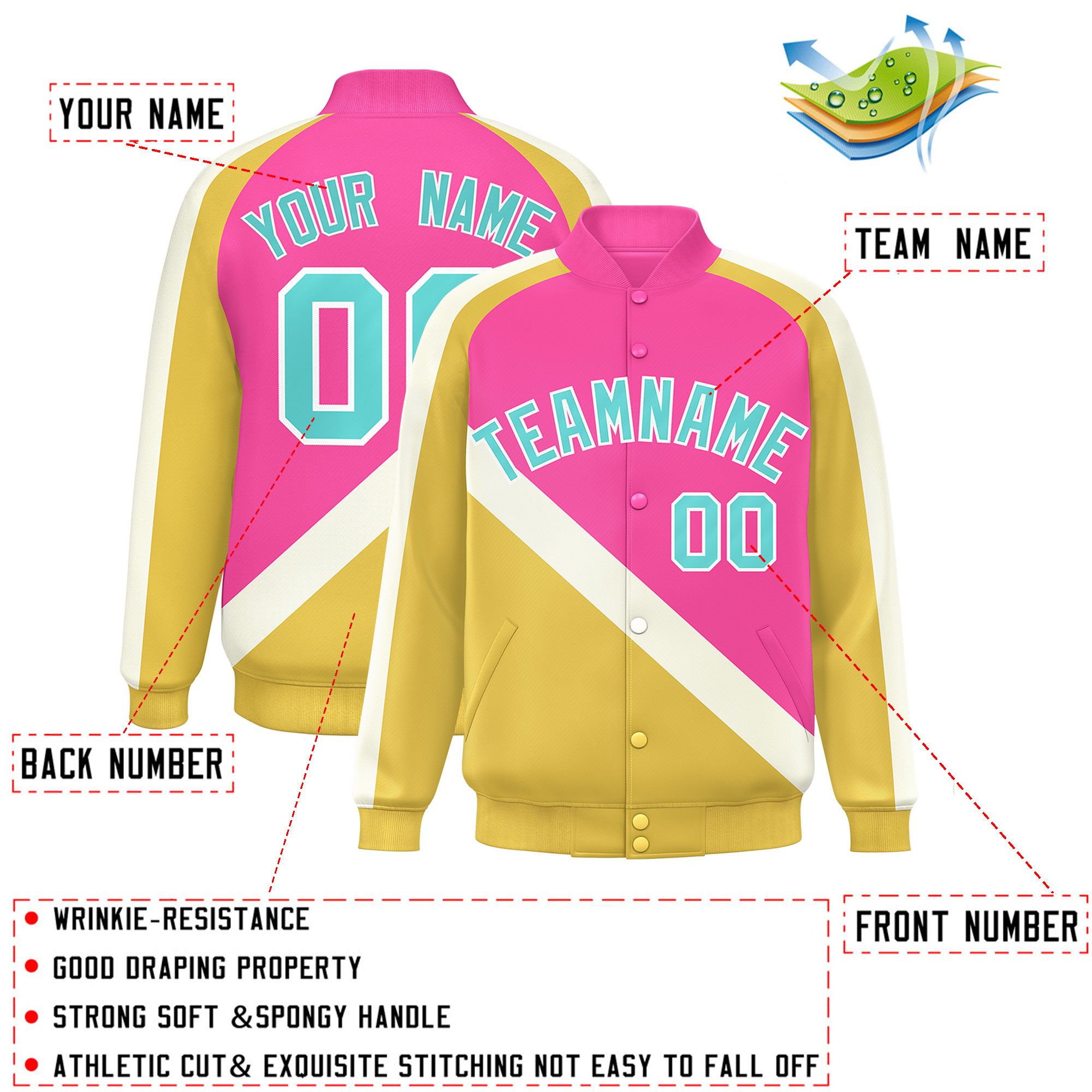 Custom Pink Khaki Raglan Sleeves Varsity Full-Snap Letterman Baseball Jacket