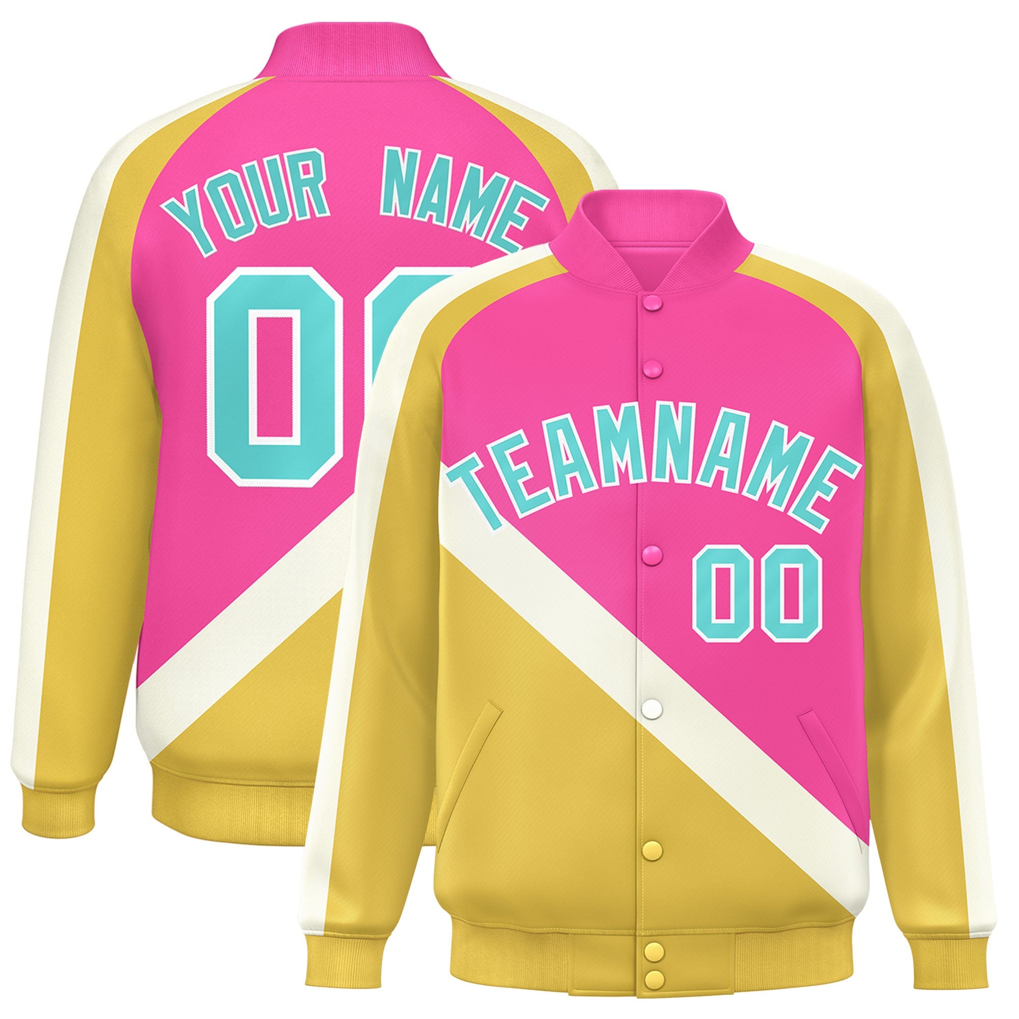 Custom Pink Khaki Raglan Sleeves Varsity Full-Snap Letterman Baseball Jacket