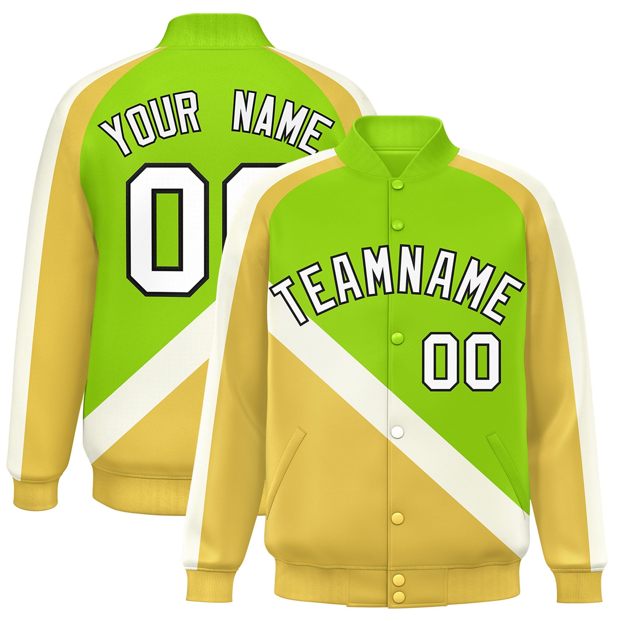 Custom Neon Green Khaki Raglan Sleeves Varsity Full-Snap Letterman Baseball Jacket