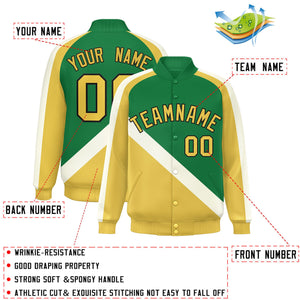 Custom Kelly Green Khaki Raglan Sleeves Varsity Full-Snap Letterman Baseball Jacket