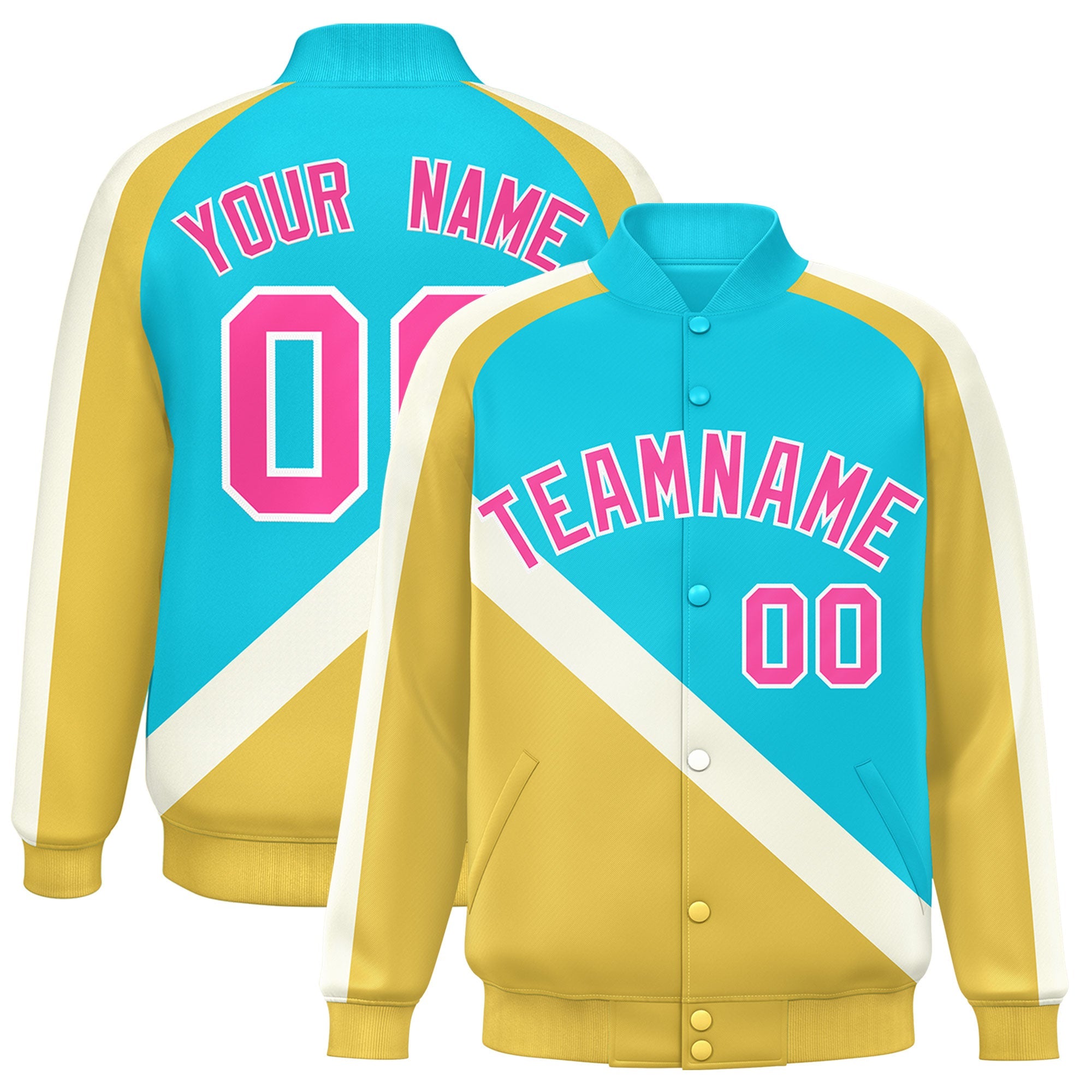 Custom Sky Blue Khaki Raglan Sleeves Varsity Full-Snap Letterman Baseball Jacket