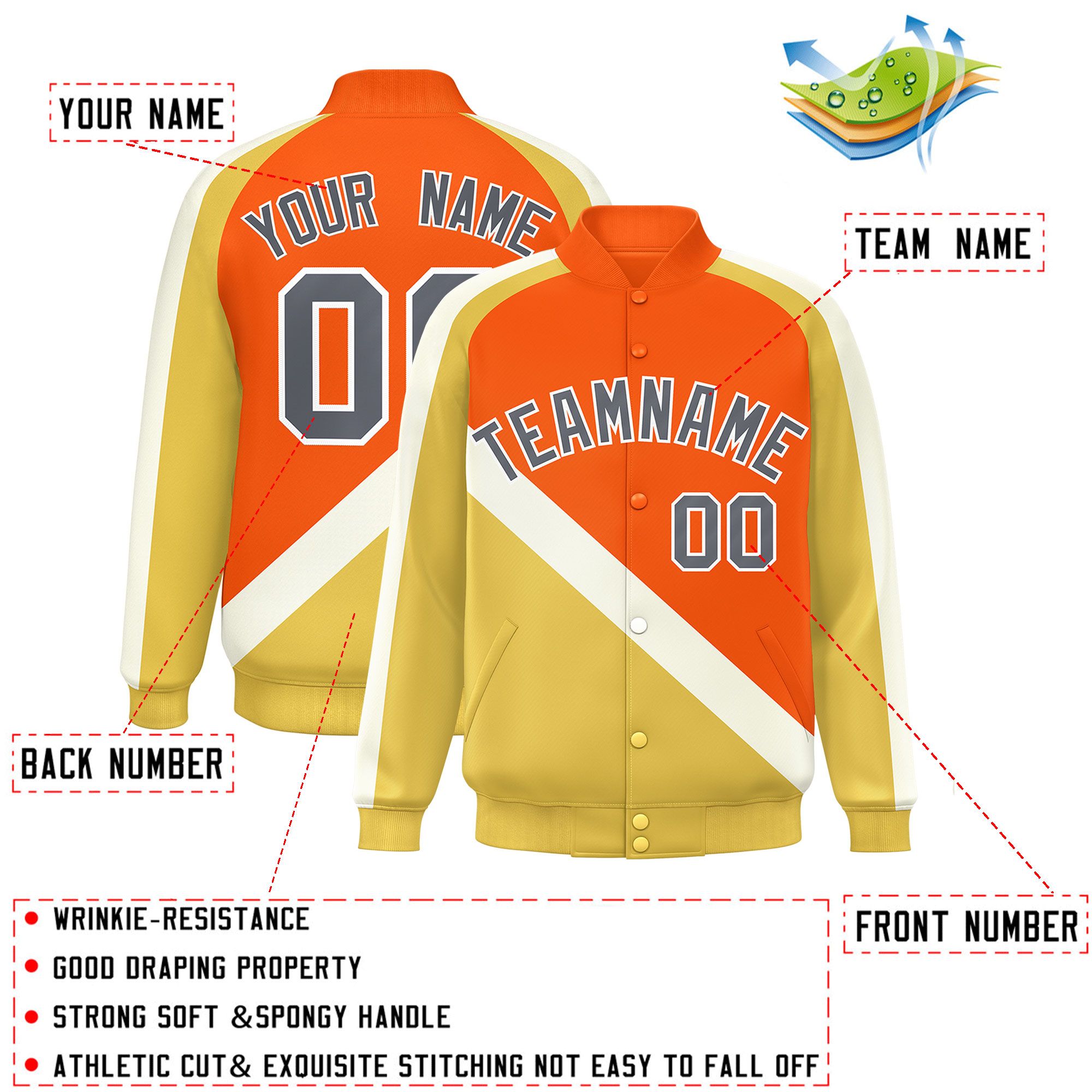 Custom Orange Khaki Raglan Sleeves Varsity Full-Snap Letterman Baseball Jacket