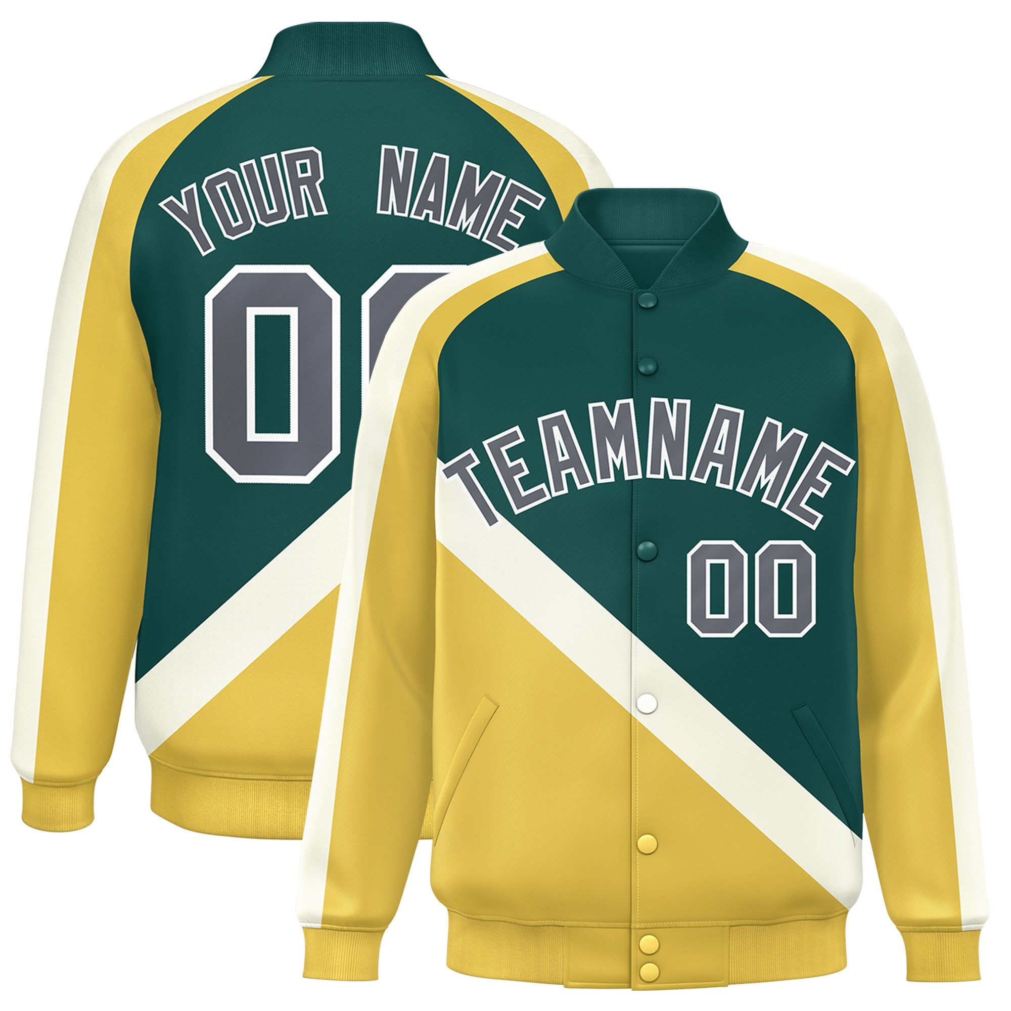 Custom Midnight Green Khaki Raglan Sleeves Varsity Full-Snap Letterman Baseball Jacket