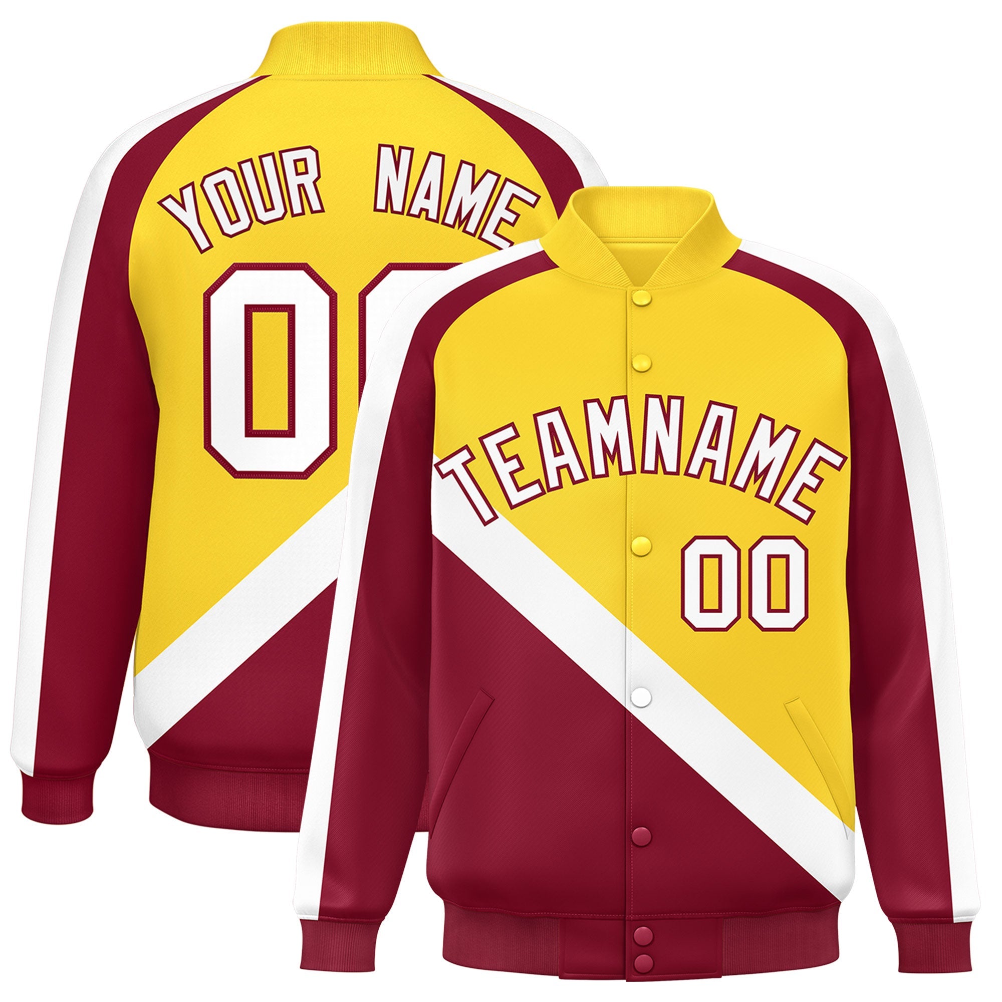 Custom Gold Crimson Raglan Sleeves Varsity Full-Snap Letterman Baseball Jacket