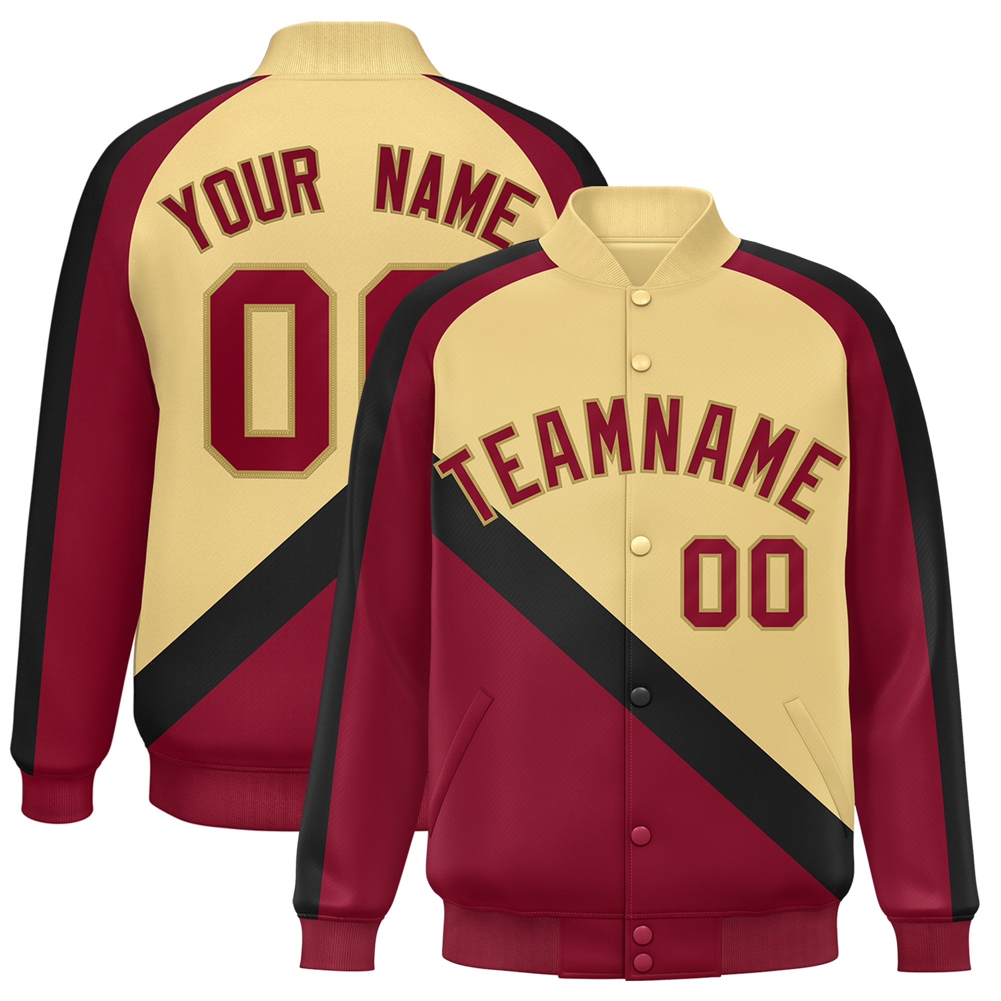 Custom Khaki Crimson Raglan Sleeves Varsity Full-Snap Letterman Baseball Jacket