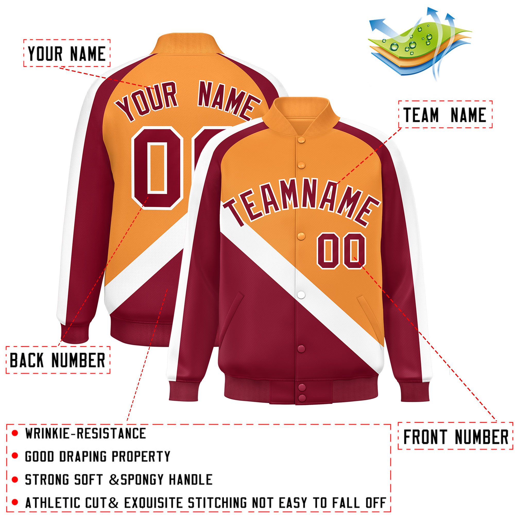 Custom Orange Crimson Raglan Sleeves Varsity Full-Snap Letterman Baseball Jacket