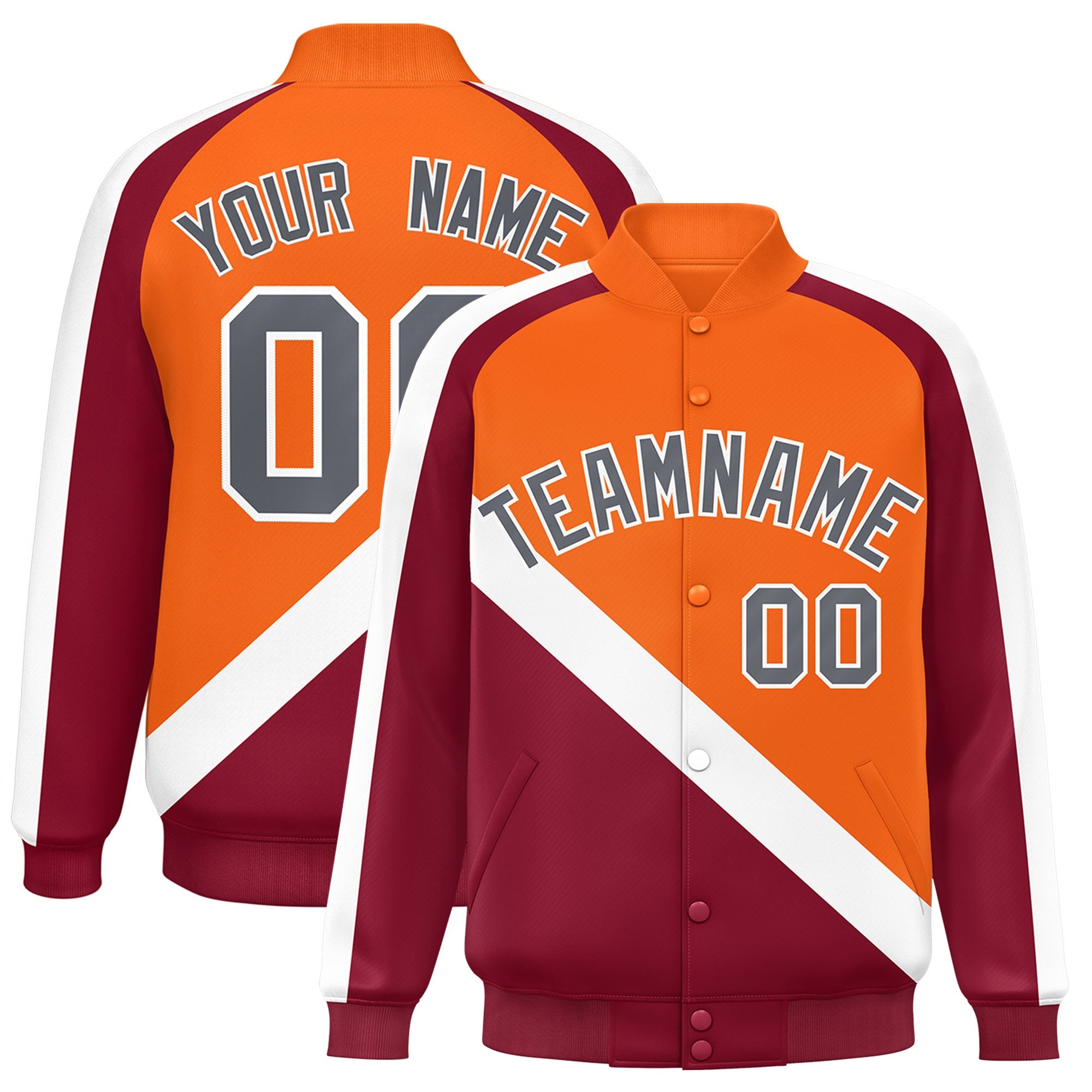 Custom Orange Crimson Raglan Sleeves Varsity Full-Snap Letterman Baseball Jacket