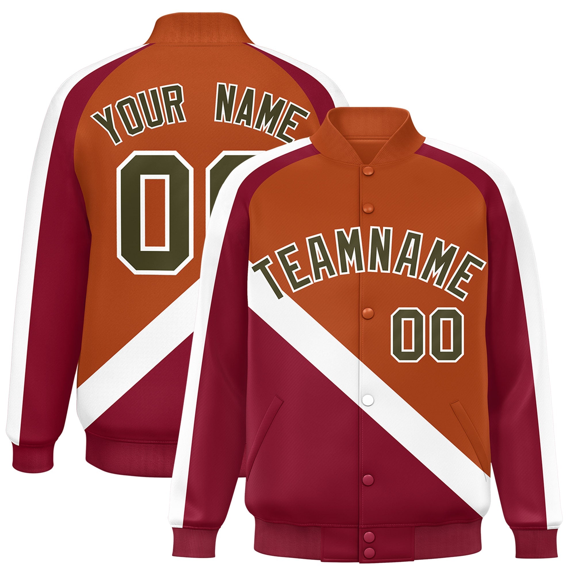 Custom Texas Orange Crimson Raglan Sleeves Varsity Full-Snap Letterman Baseball Jacket