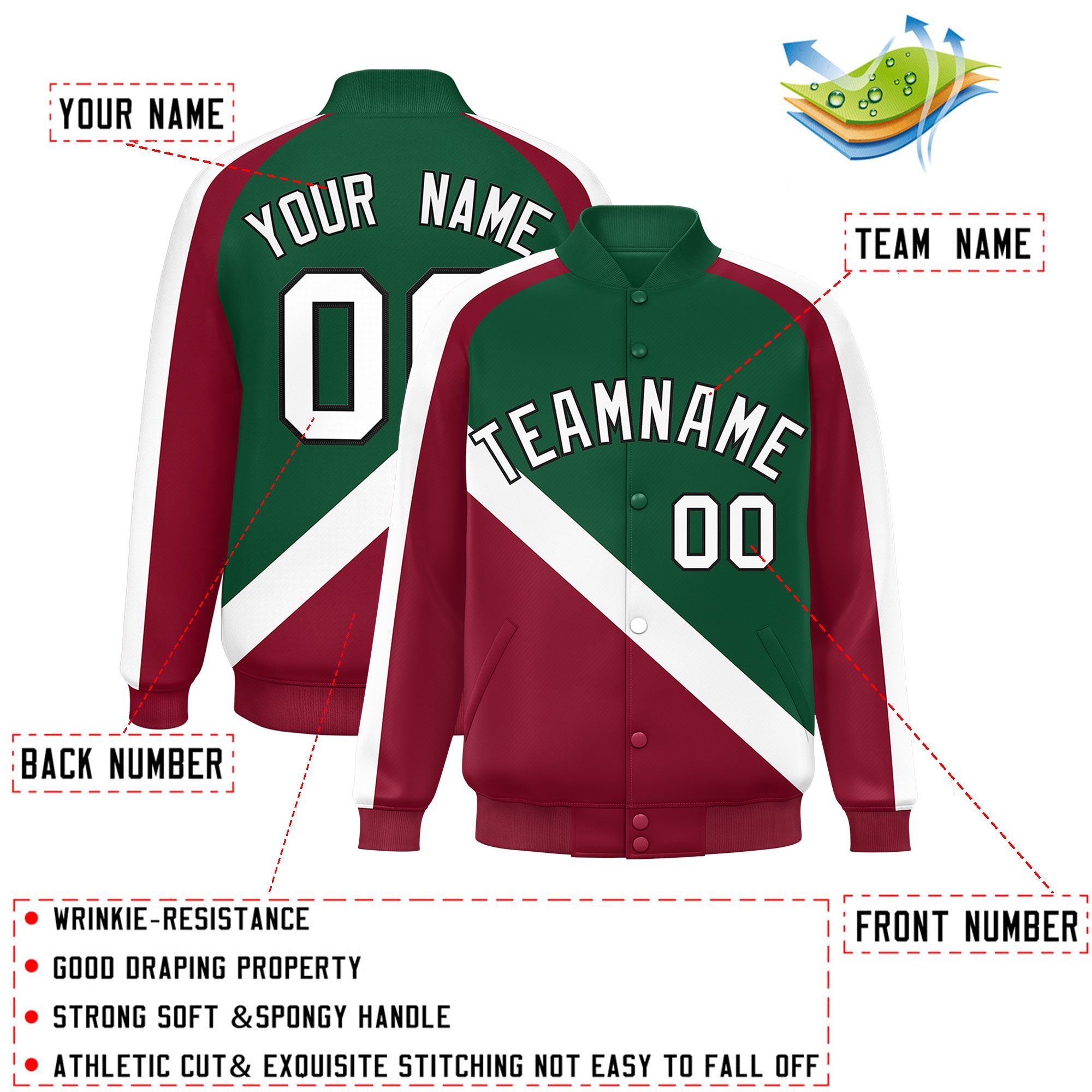 Custom Green Crimson Raglan Sleeves Varsity Full-Snap Letterman Baseball Jacket