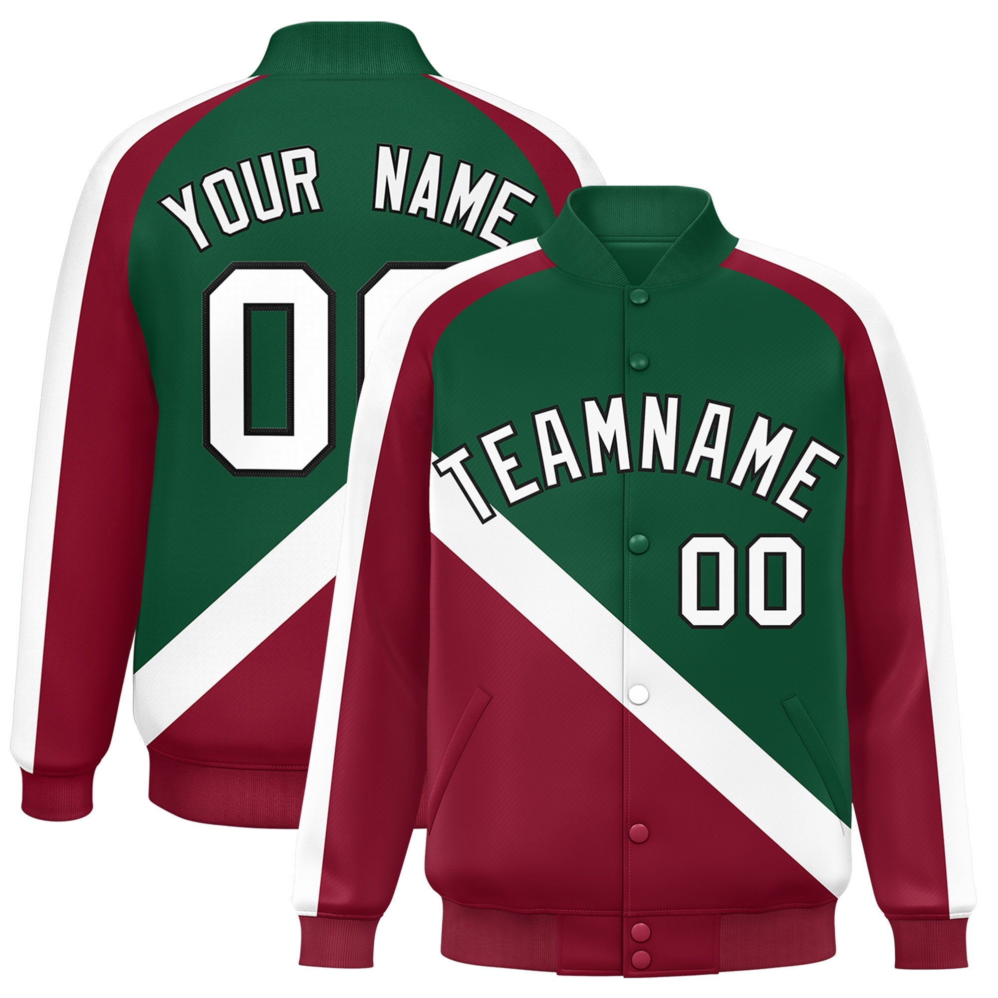 Custom Green Crimson Raglan Sleeves Varsity Full-Snap Letterman Baseball Jacket