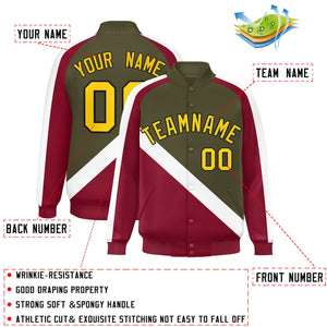 Custom Olive Crimson Raglan Sleeves Varsity Full-Snap Letterman Baseball Jacket