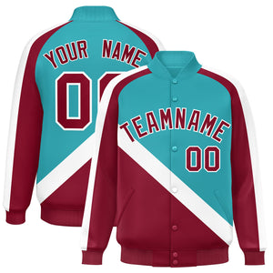 Custom Aqua Crimson Raglan Sleeves Varsity Full-Snap Letterman Baseball Jacket