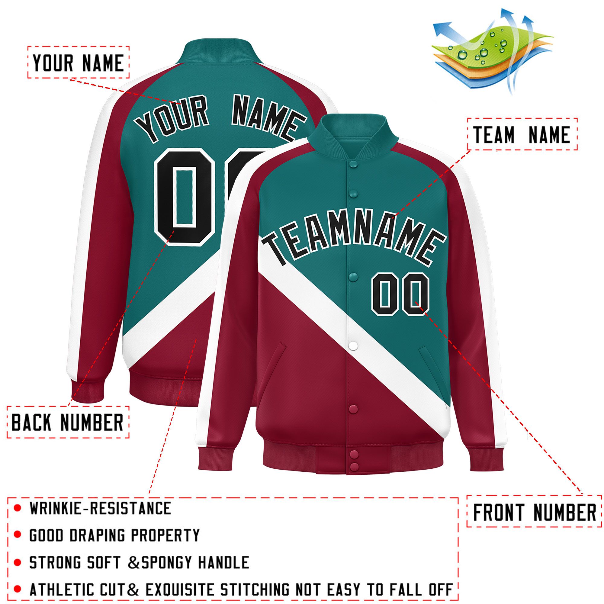 Custom Aqua Crimson Raglan Sleeves Varsity Full-Snap Letterman Baseball Jacket