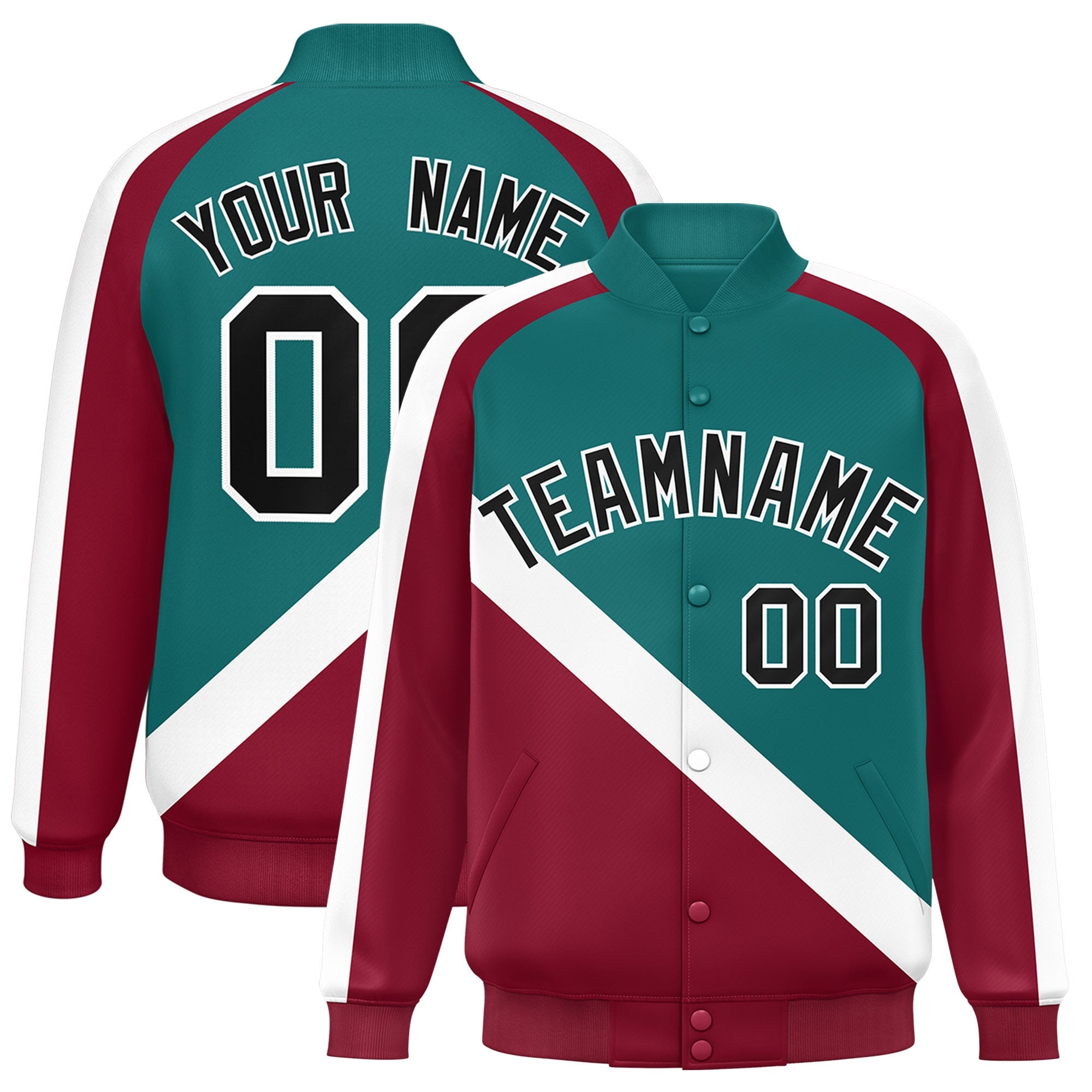 Custom Aqua Crimson Raglan Sleeves Varsity Full-Snap Letterman Baseball Jacket