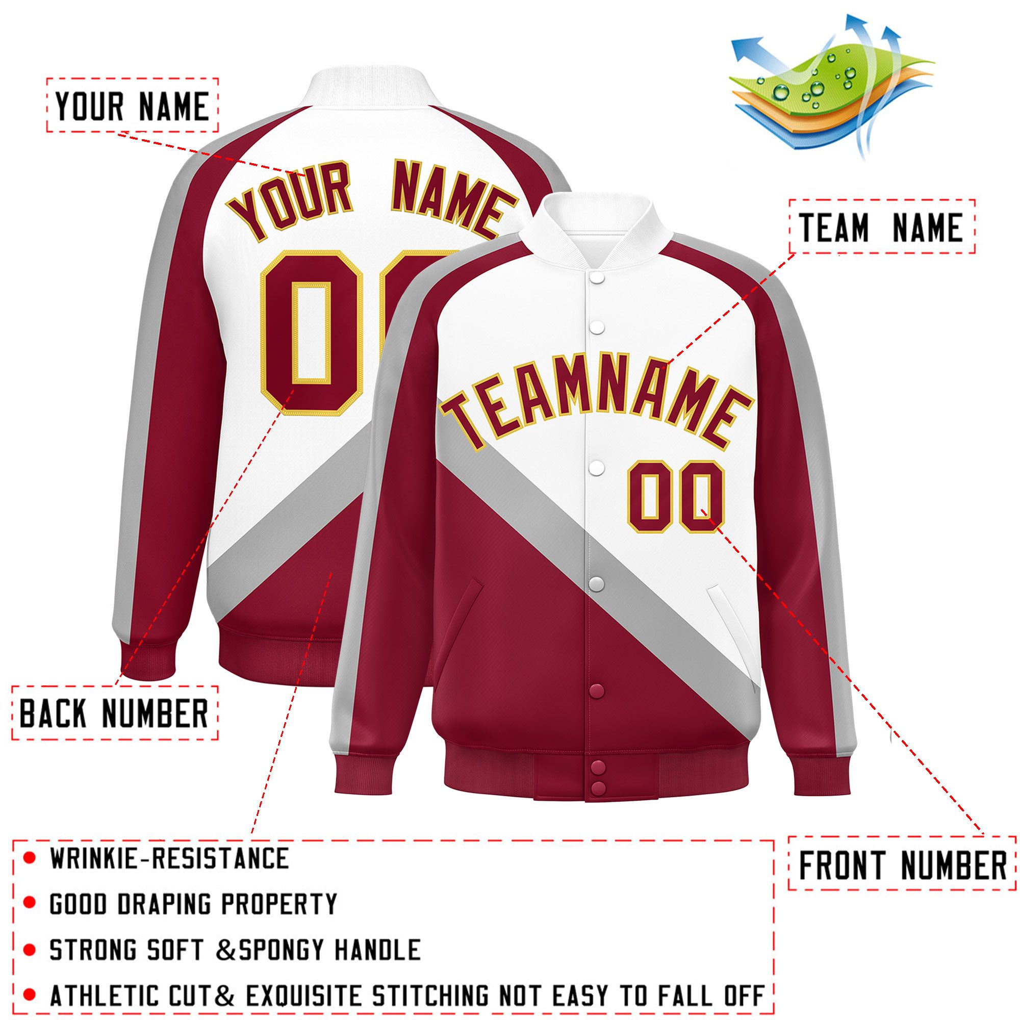 Custom White Crimson Raglan Sleeves Varsity Full-Snap Letterman Baseball Jacket